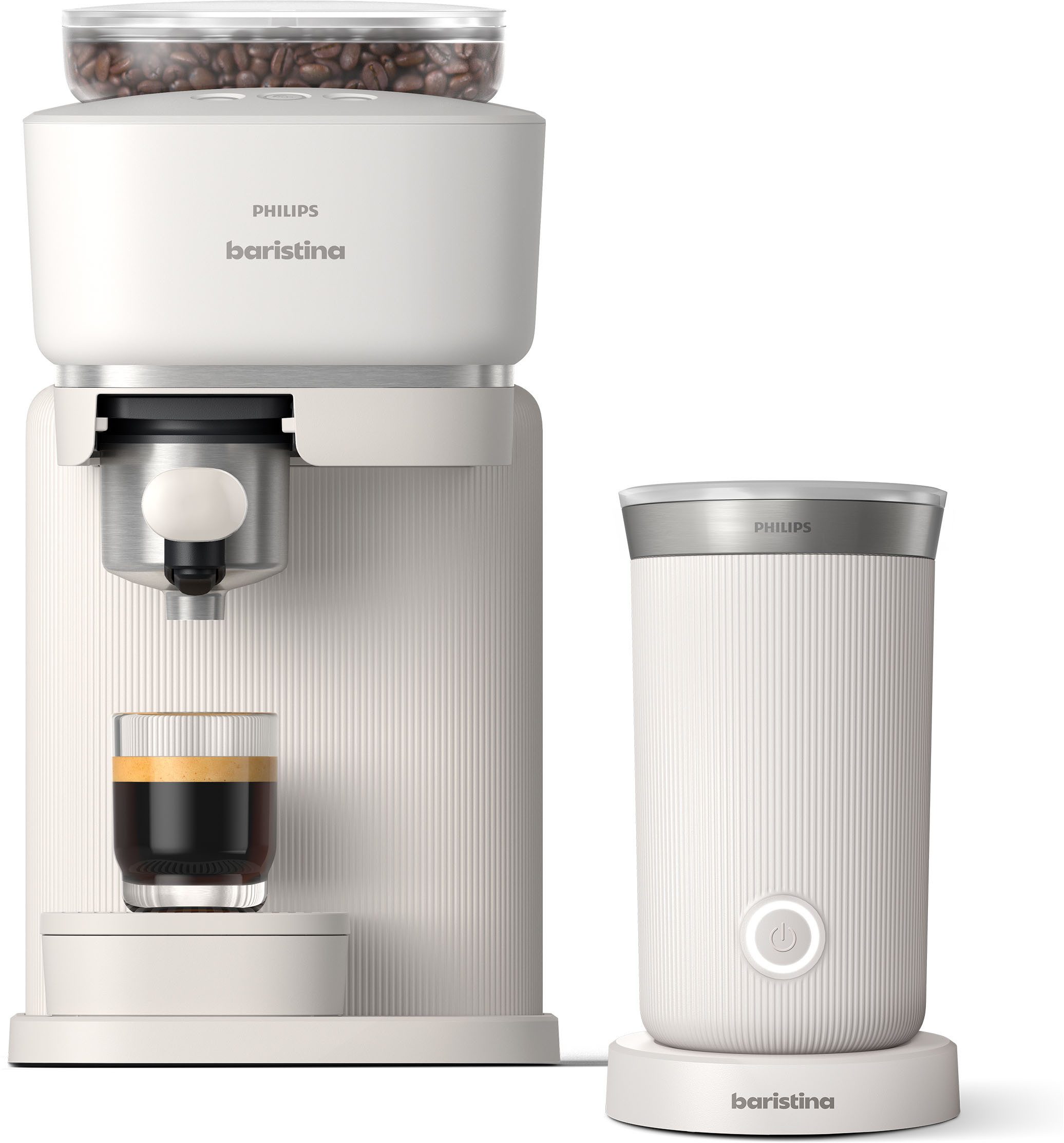 PHILIPS baristina Espressomaschine BAR308/00 mit Mahlwerk für ganze Bohnen, Milchaufschäumer inkl., 16 bar Pumpendruck, Naturweiß​