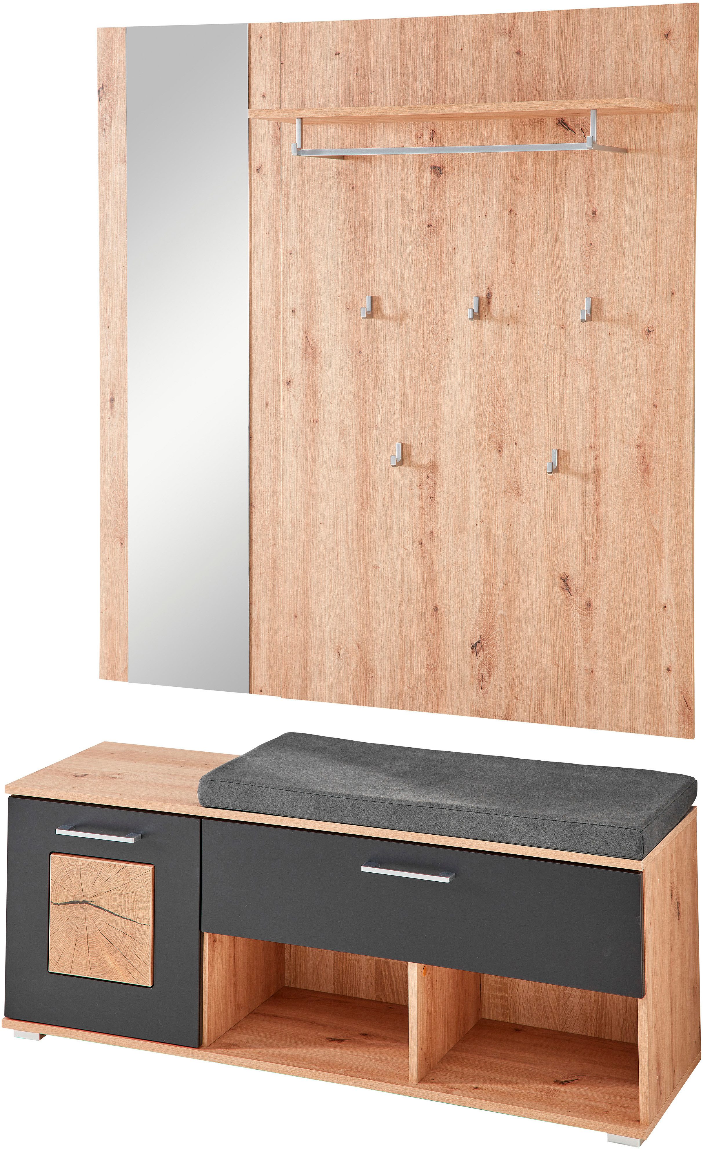 Innostyle Sitzgruppe Fun Garderobeset, 126x193x38cm (B/H/T), (2-tlg), 1 türig, 1 Schublade, Softclose, ABS Kantenschutz, Sitzkissen
