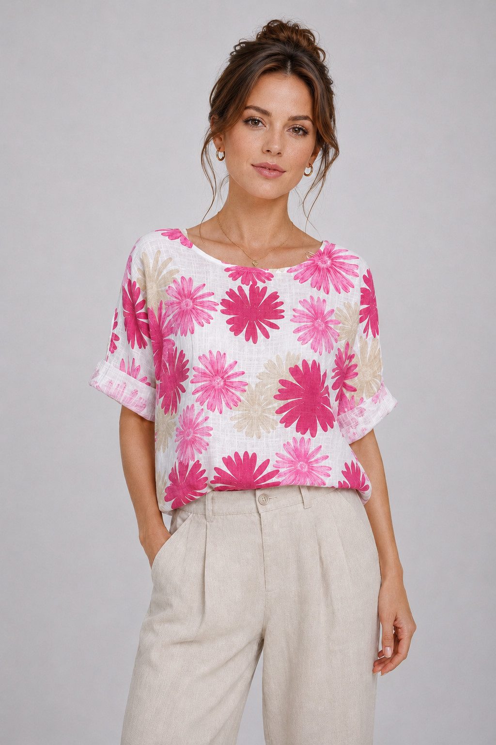ITALY VIBES Kurzarmshirt - Blusenshirt - Blumenprint Bluse Damen - Sommerbluse ONE SIZE passend für Größen S-XL