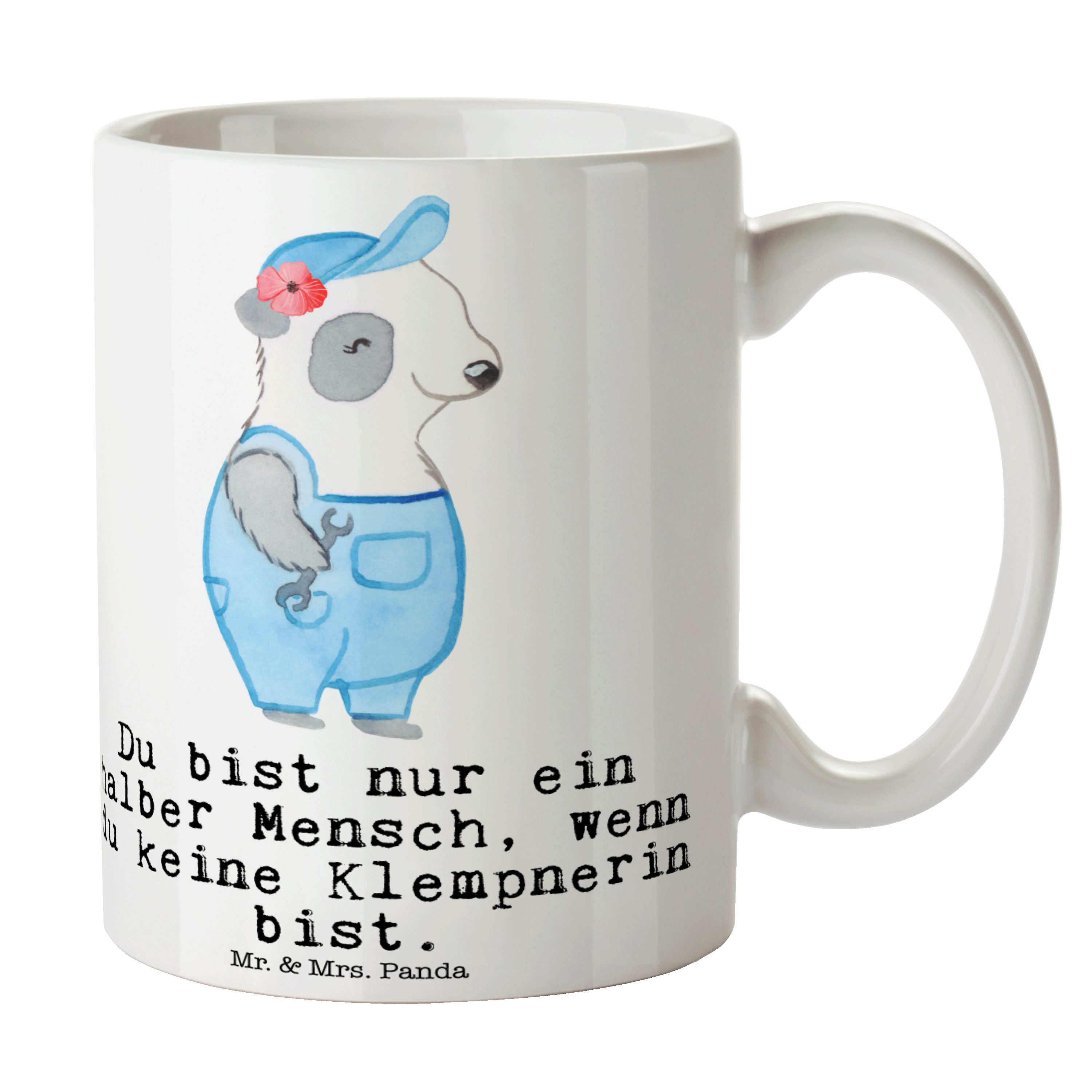 Mr. & Mrs. Panda Tasse Klempnerin mit Herz - Weiß - Geschenk, Bauklempnerin, Tasse Sprüche, Keramik