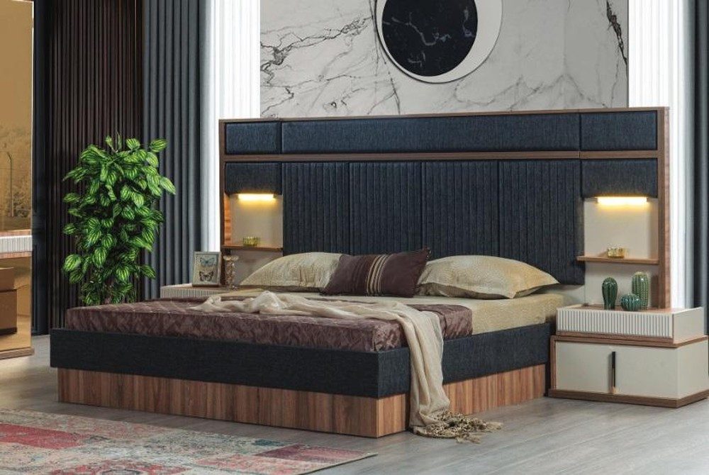 JVmoebel Polsterbett Elegante Schlafzimmer Möbelset Doppelbett mit Nachttischen aus Holz (3-tlg., Bett/2x Nachttische), Made in Europa