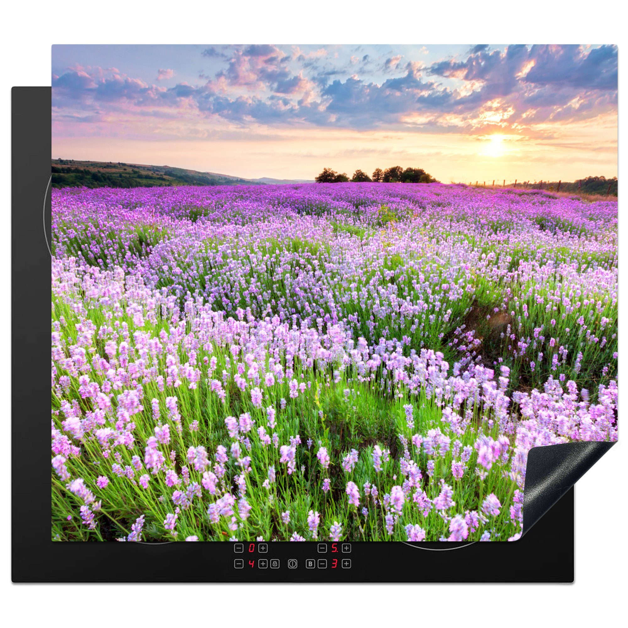 MuchoWow Herd-Abdeckplatte Blumen - Lavendel - Lila - Himmel - Sonnenuntergang - Wiese - Natur, Vinyl, (1 tlg), Abdeckplatte für Ceranfeld, Herd Inductionsmatte, 57.6x51.6 cm