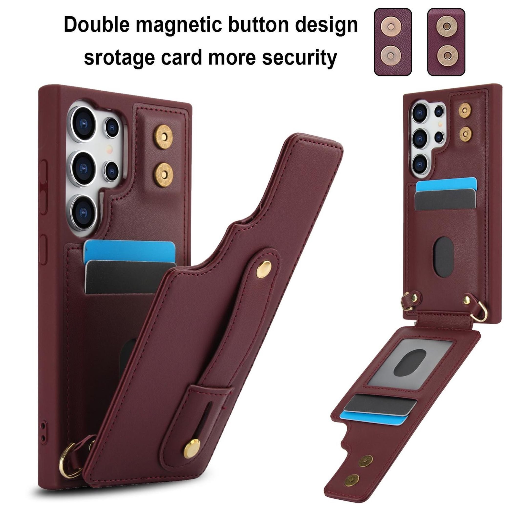 Wigento Handyhülle Fliphülle für Samsung Galaxy S26 Plus Kartenfach Umhängeband Weinrot 6,7 Zoll, Kartenfächer, Handband, Umhängeband