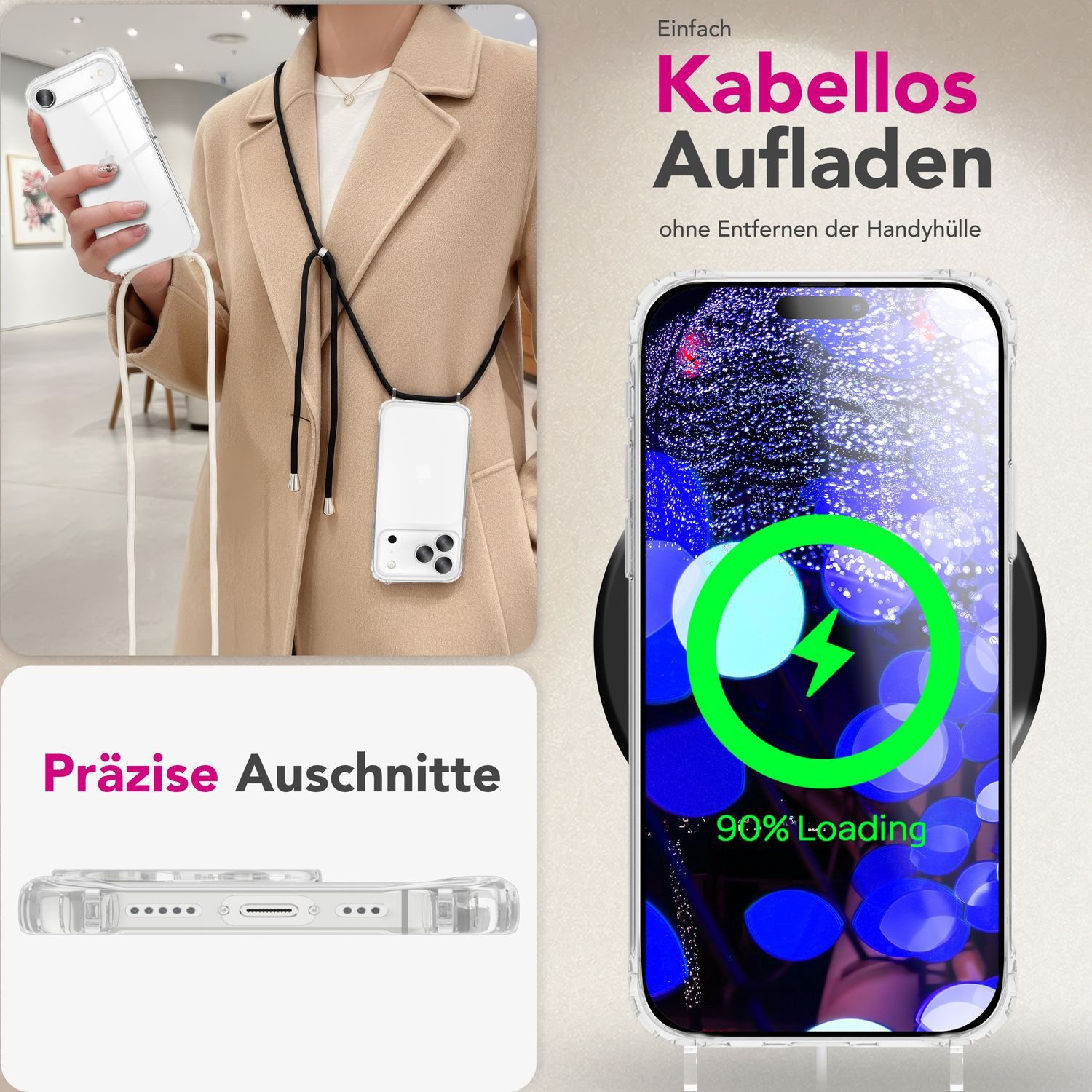 Nalia Smartphone-Hülle Apple iPhone 17 16 cm (6,3 Zoll), Klare Hülle mit Band zum Umhängen / 160cm Handy Kette Verstellbar – Bild 5 von 5