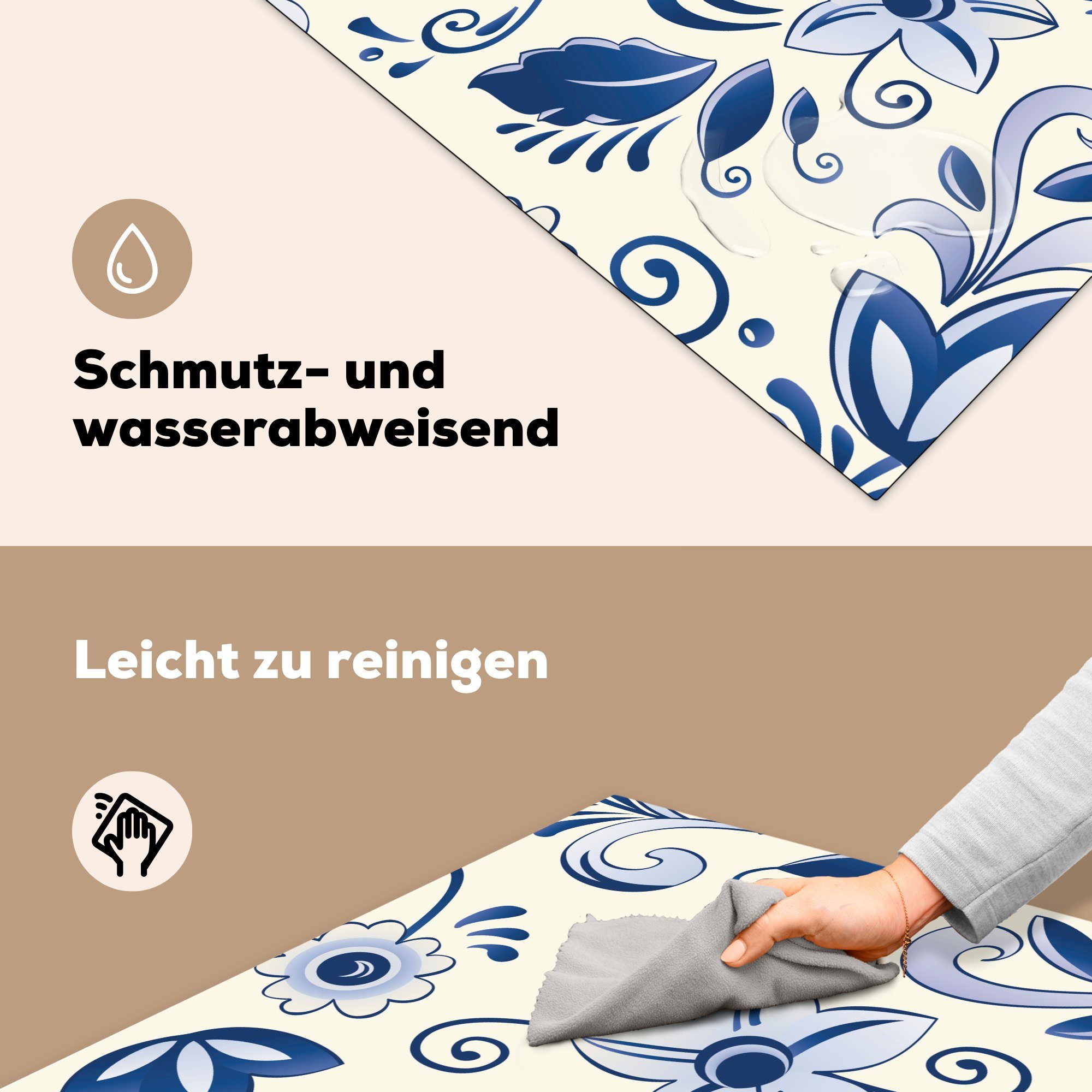 Orchideen, 78x78 für von cm, küche Eine Illustration blauen Vinyl, MuchoWow (1 tlg), Herdblende-/Abdeckplatte Arbeitsplatte Ceranfeldabdeckung,