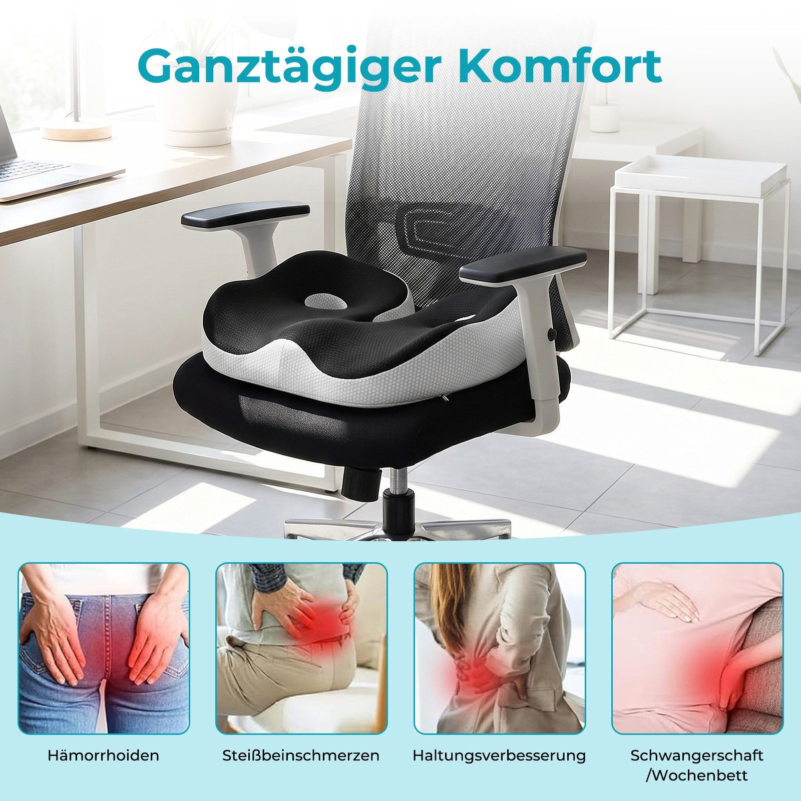 Toomoke Sitzkissen Steißbeinkissen, Stuhlkissen aus Memory Foam, Sitzpolster für Bürostuhl, Autositz, Rollstuhl und Homeoffice – Bild 2 von 5