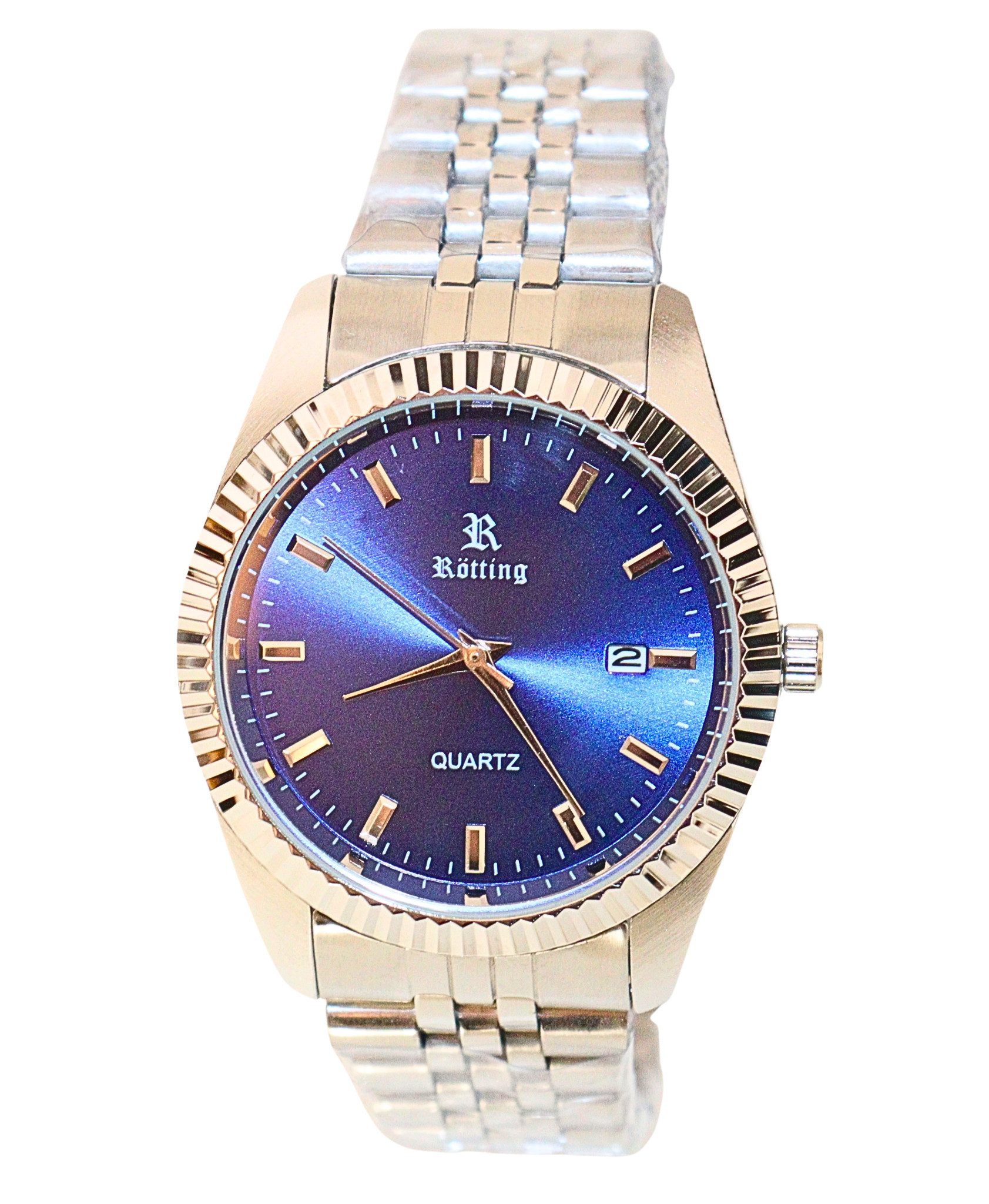 Rötting Design Quarzuhr Herrenuhr Quarz silberfarbene Lünette Ziffernblatt blau metallic DATUM