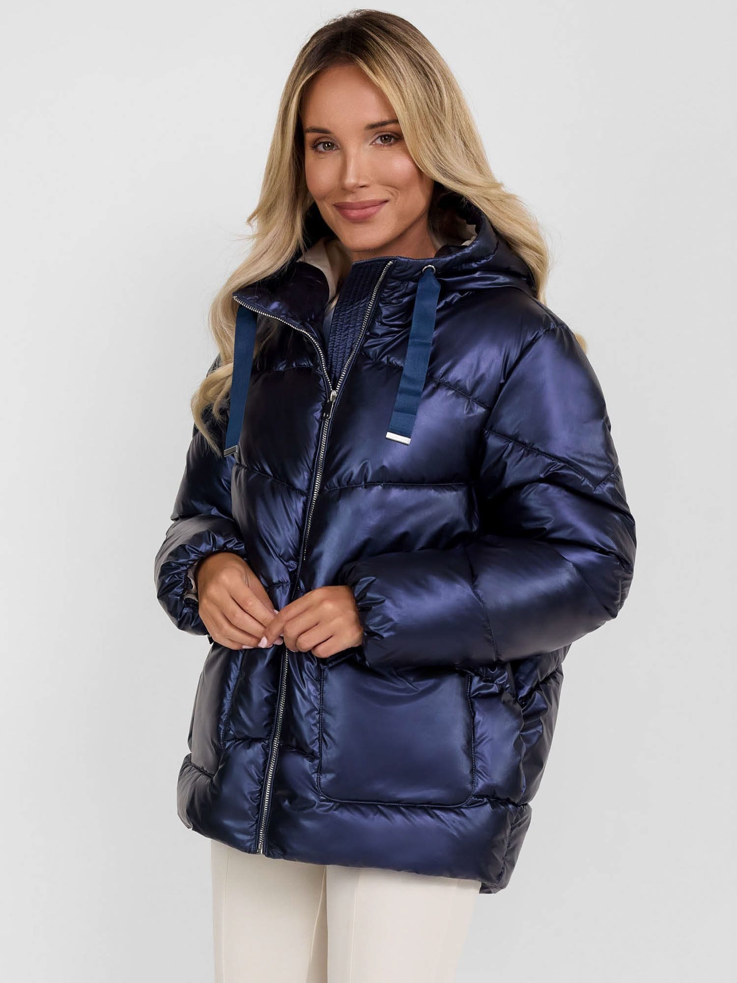 Winterjacke Kurze Steppjacke mit Kapuze und Druckknopftaschen (XS-XXL)