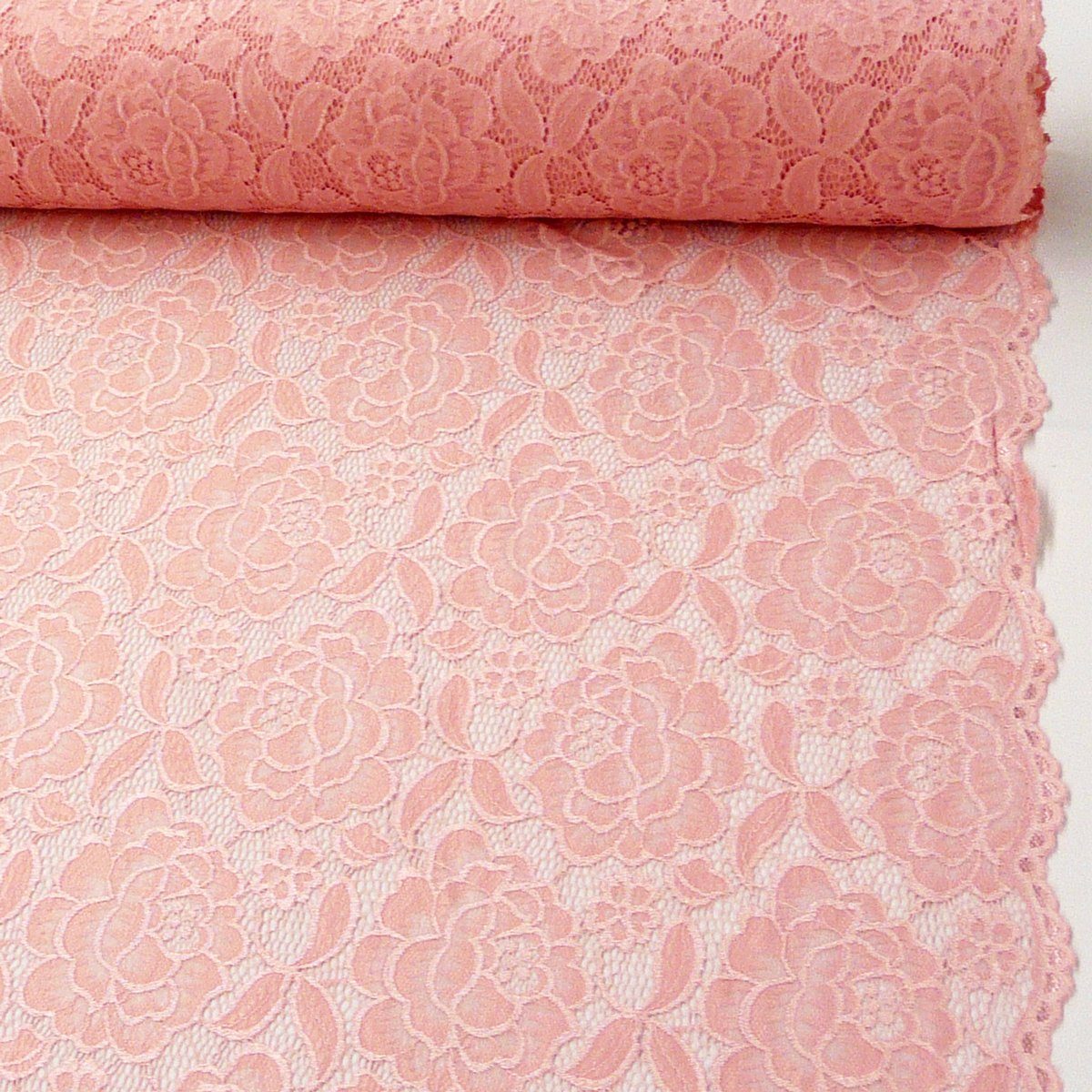 SCHÖNER LEBEN. Stoff Elastische Stoff Meterware Spitze Blumen mit Wellen Abschluss rosa