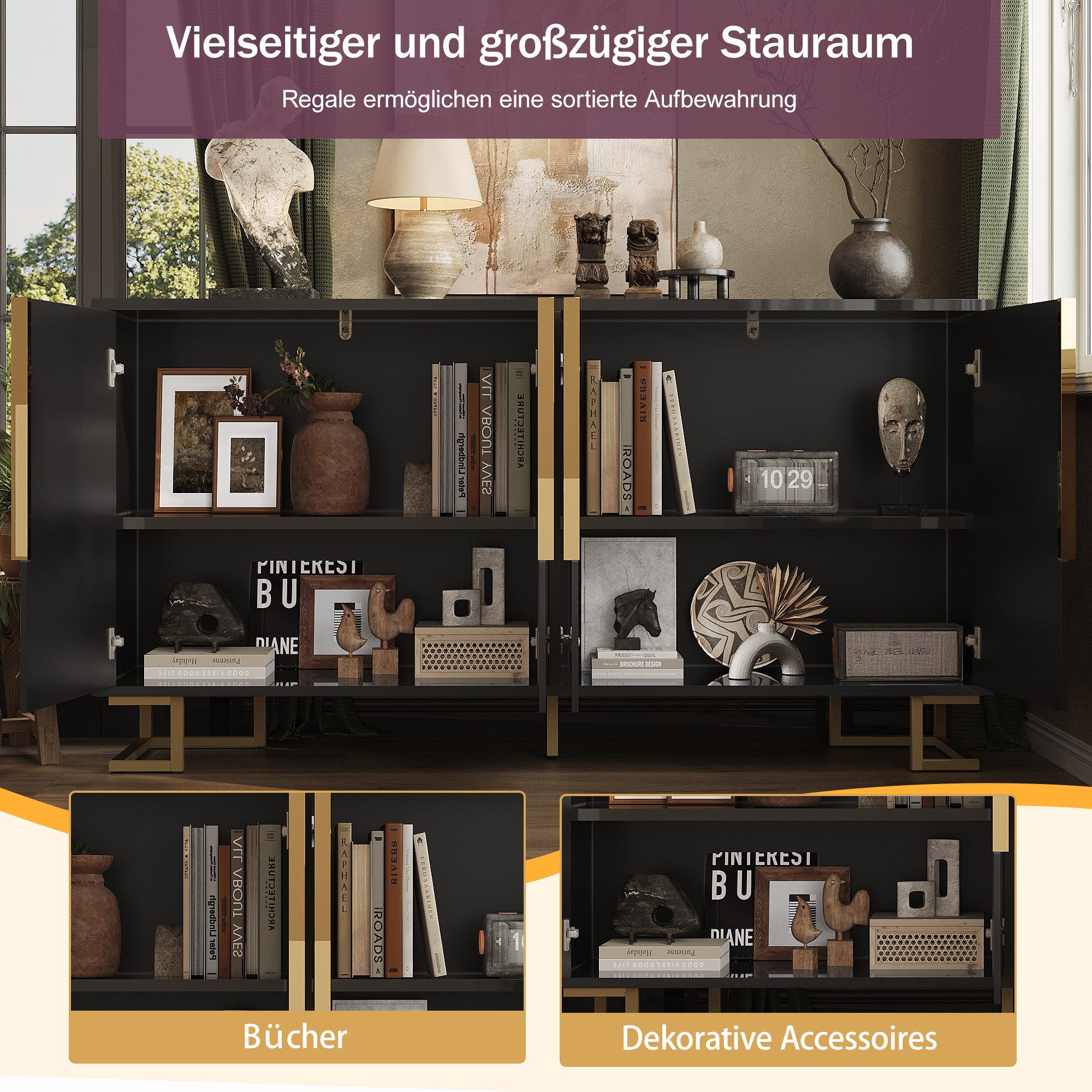 i@home Sideboard, Mit goldene Griffe und Füße, weiß/schwarz