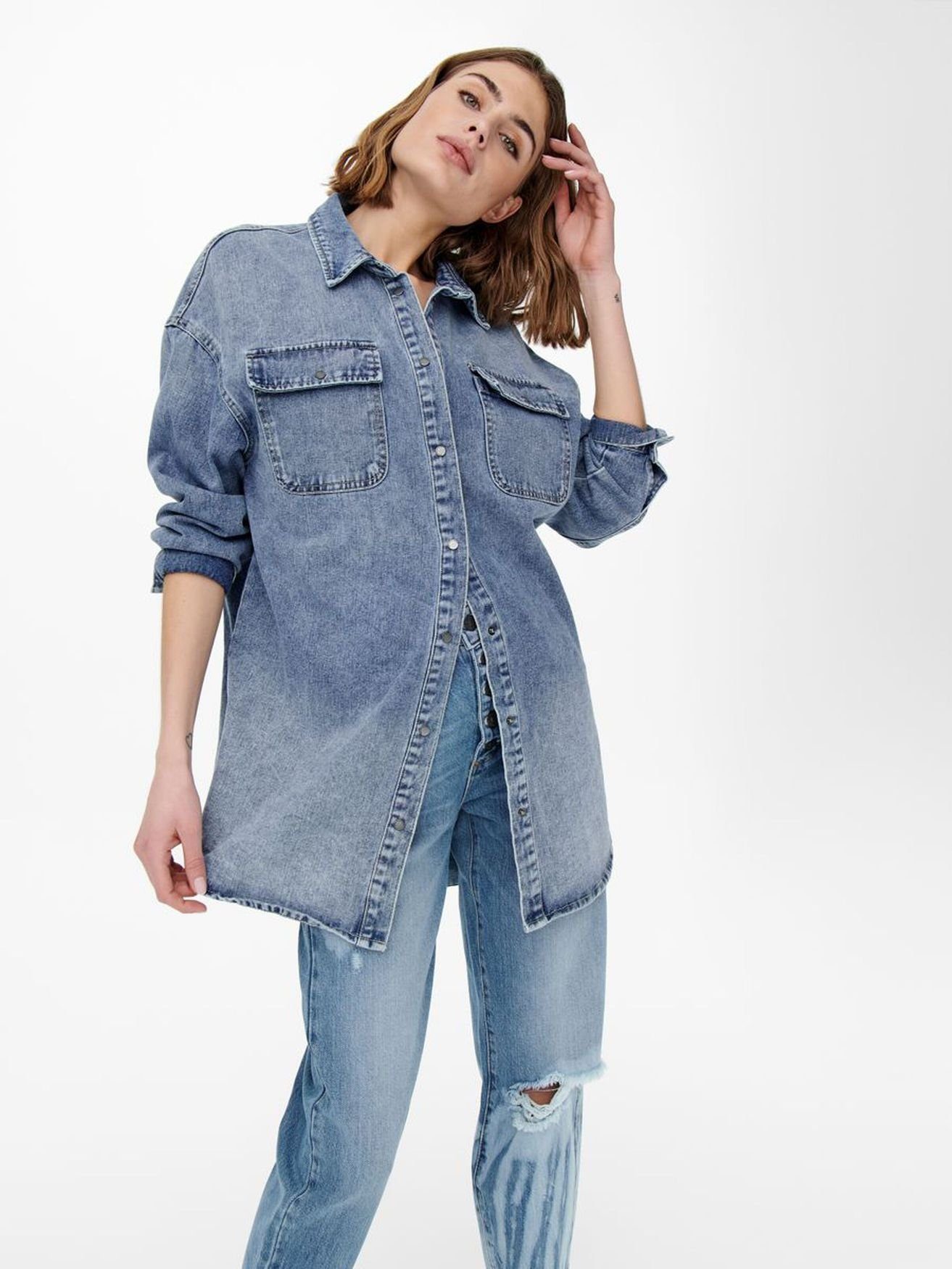 Jacke Oversized ONLY Washed Jeanshemd Blau Langarm Denim ONLKASIA Blusenshirt Stoned Blusen in (1-tlg) 3998