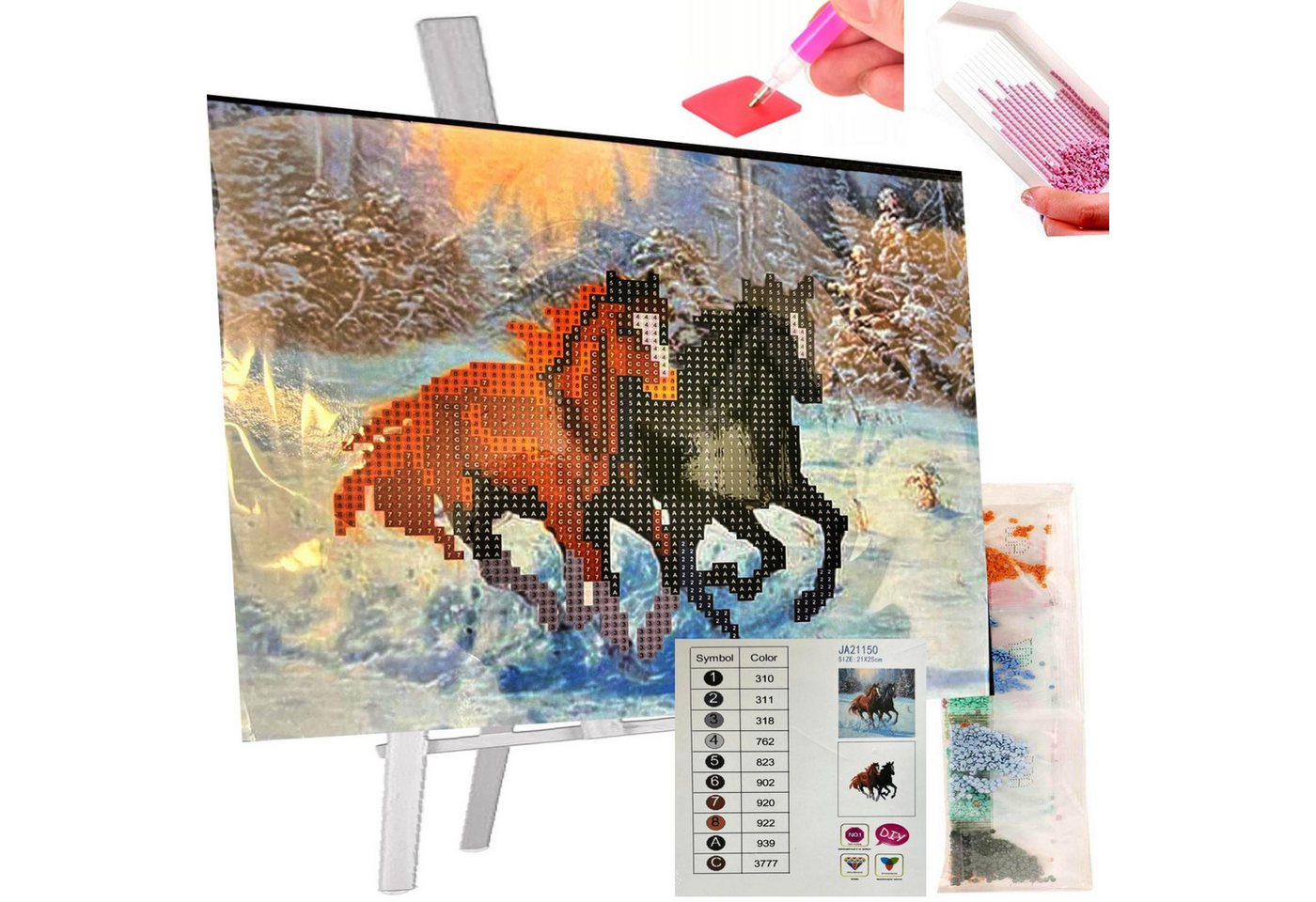 Thumbnail - LA CUTE Malen nach Zahlen 5d Diamond Painting Pferde + Staffelei Malen nach Zahlen 21x25cm (Komplettset für 5D Diamond P...