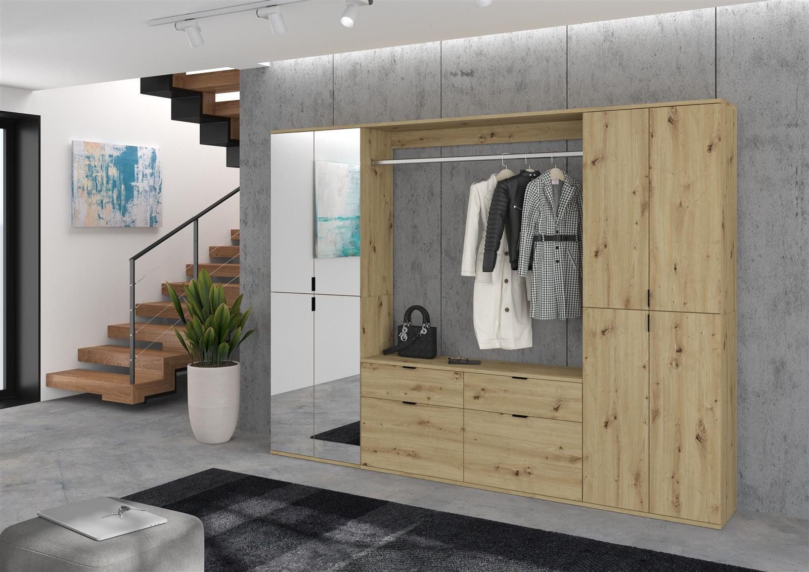 möbelvita Garderobenschrank Vision X Kommode + Garderobenstange B/H/T 121x62+3+14x34 in Artisan