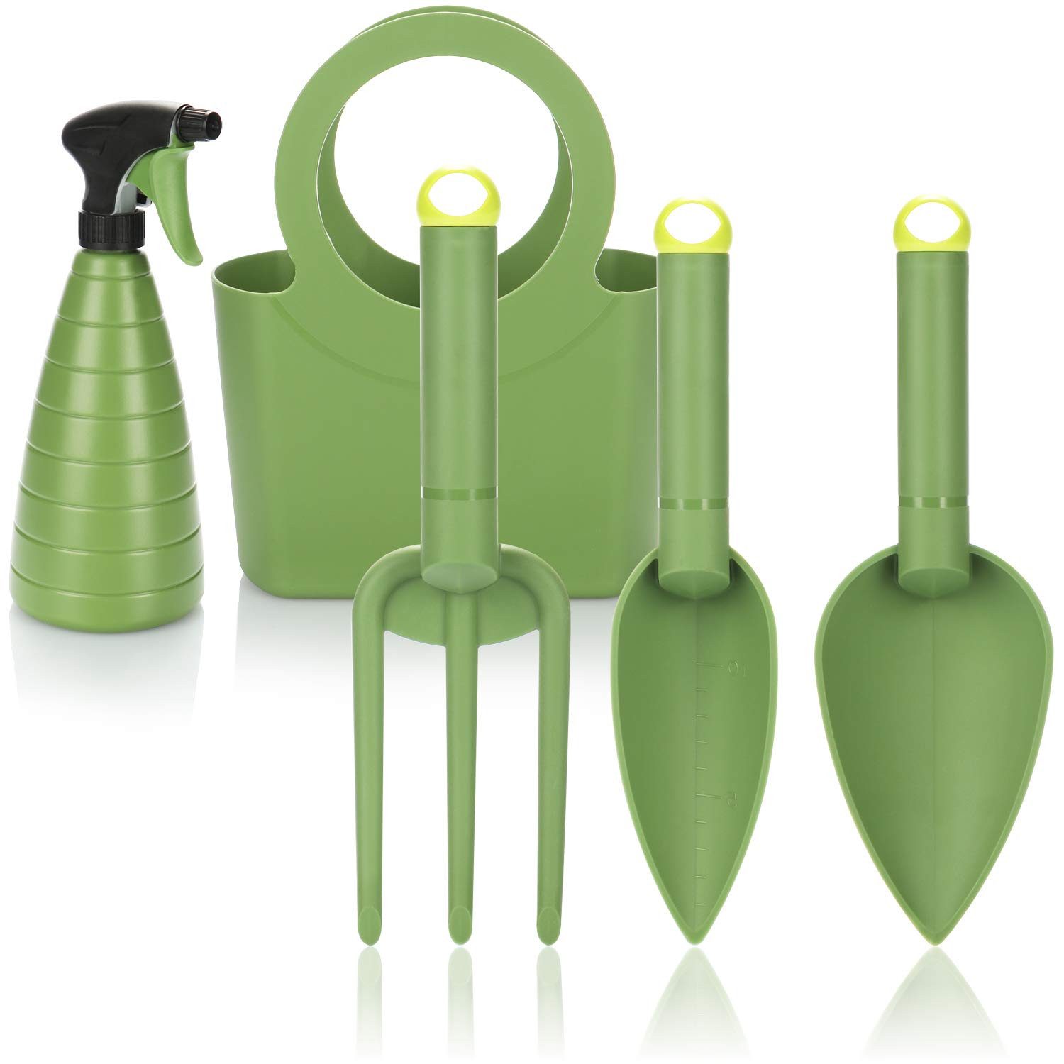com-four Gartenpflege-Set Bunte Gartenhelfer mit Sprühflasche und Tragetasche –