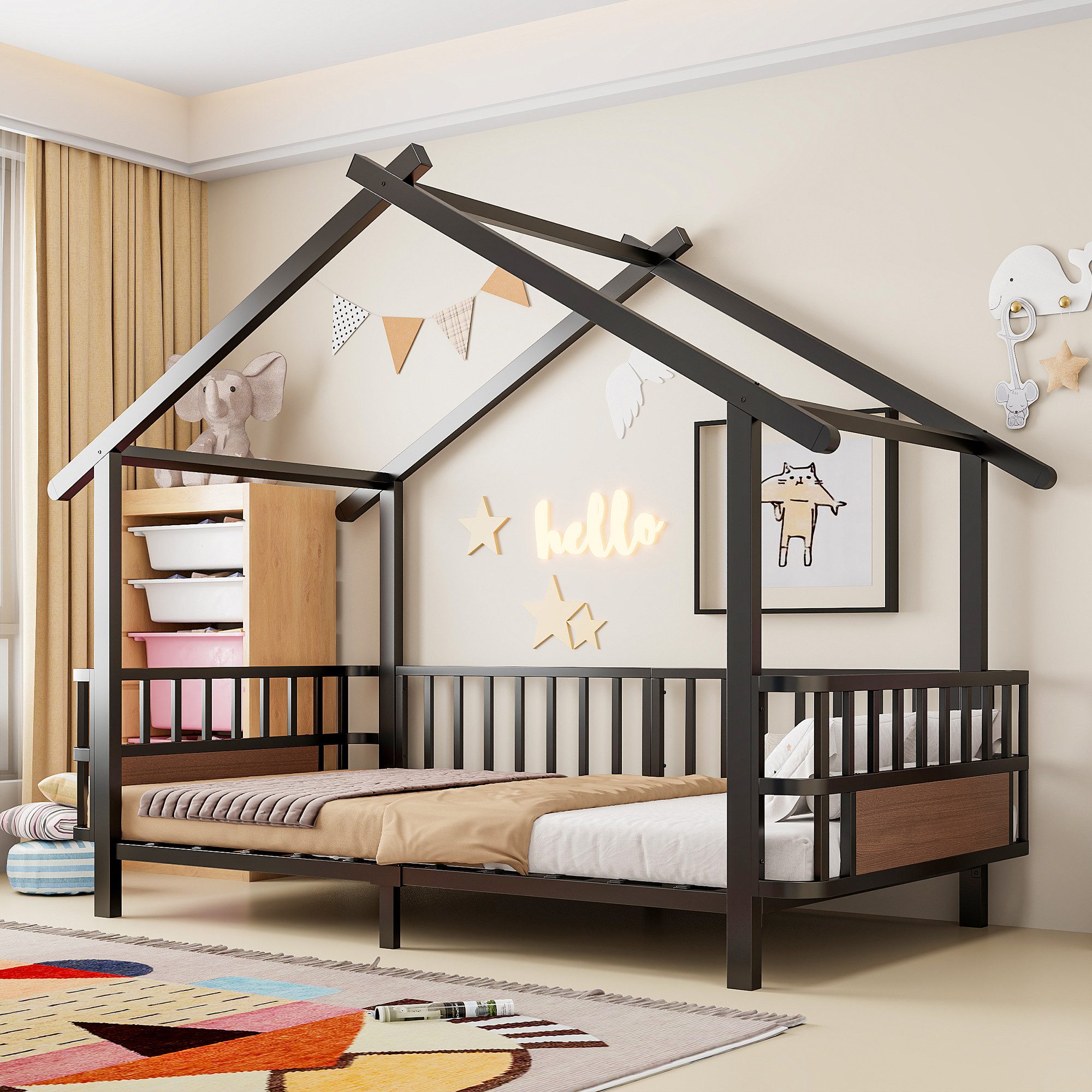 Celya Kinderbett aus Metall in Hausform, mit Sicherheitsgitter (ohne Matratze, mit Dachdesign und dekorativem Rahmen, für Jungen und Mädchen), ideal für Kinder- und Jugendzimmer