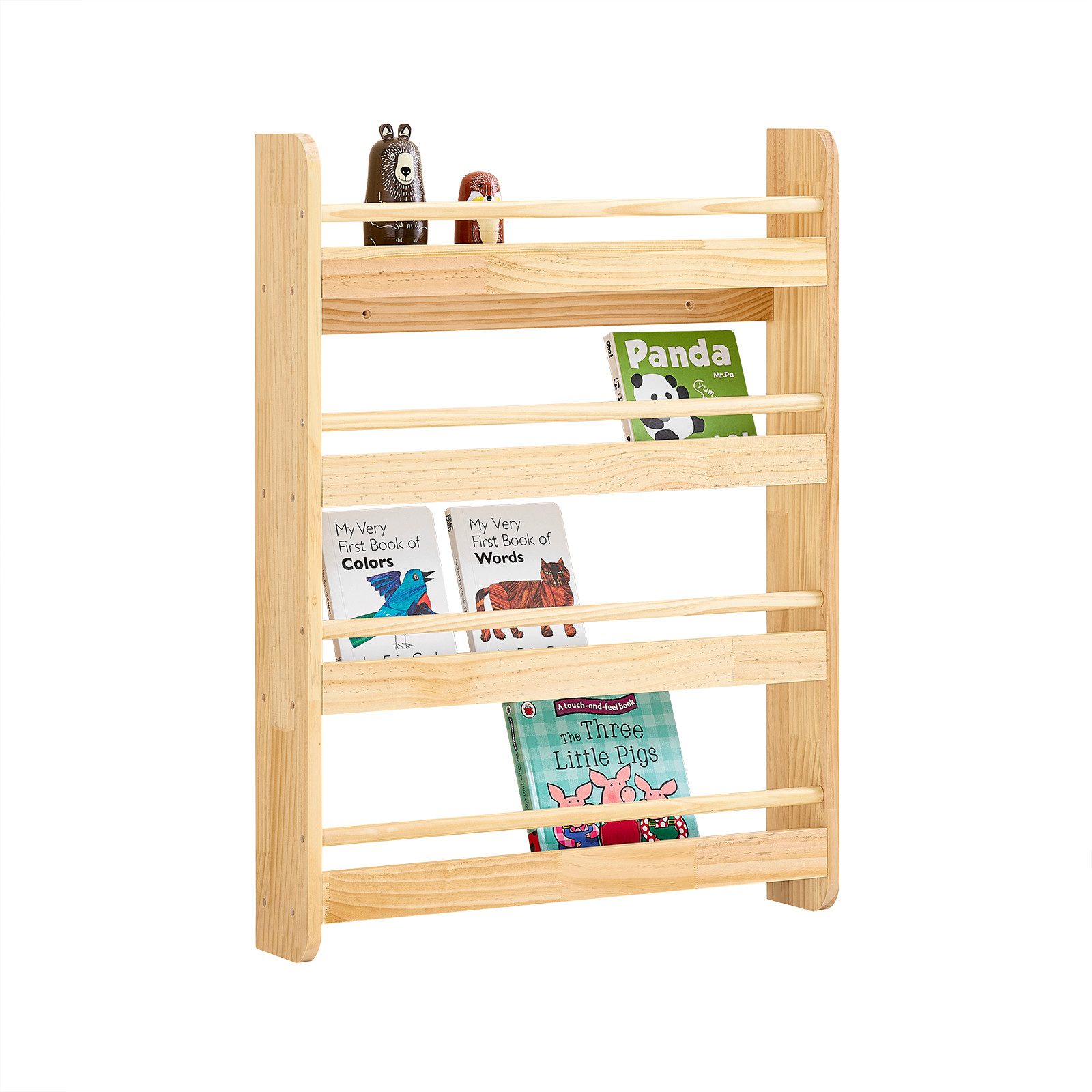 SoBuy Bücherregal DE-KMB08, Spielzeugtruhe Spielzeugregal für Kinderzimmer, Spielzimmer, mit 4 Ablagen, Kiefernholz, Kinderregal Bücherregal Wandregal