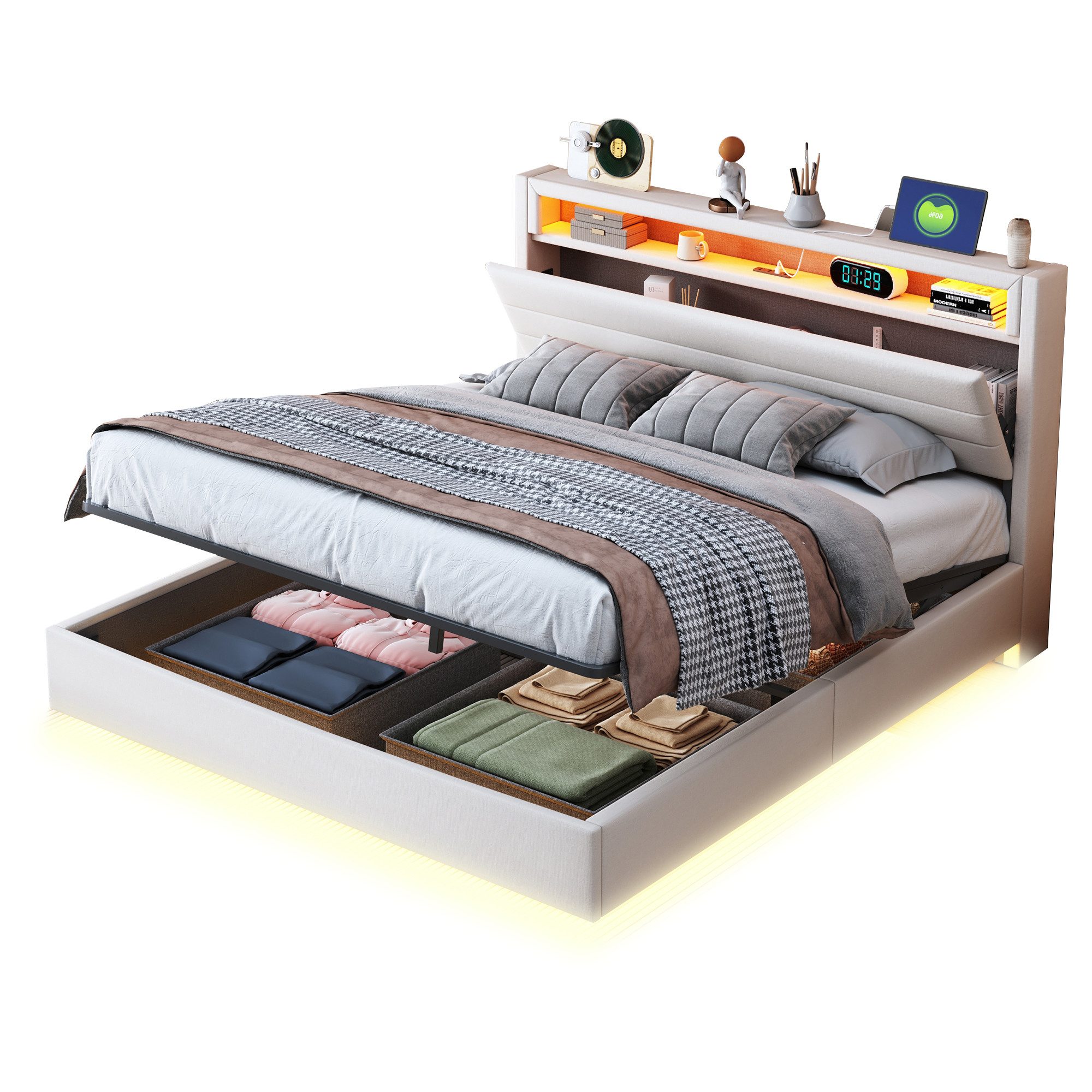 OKWISH Polsterbett Stauraumbett mit USB-Steckdose und LED-Licht, wendbares günstig online kaufen