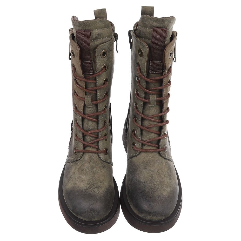 Ital-Design Modischer Damen-Boot mit Reißverschluss und Schnürung Schnürstiefelette (90515076) Blockabsatz Schnürstiefeletten in Grün