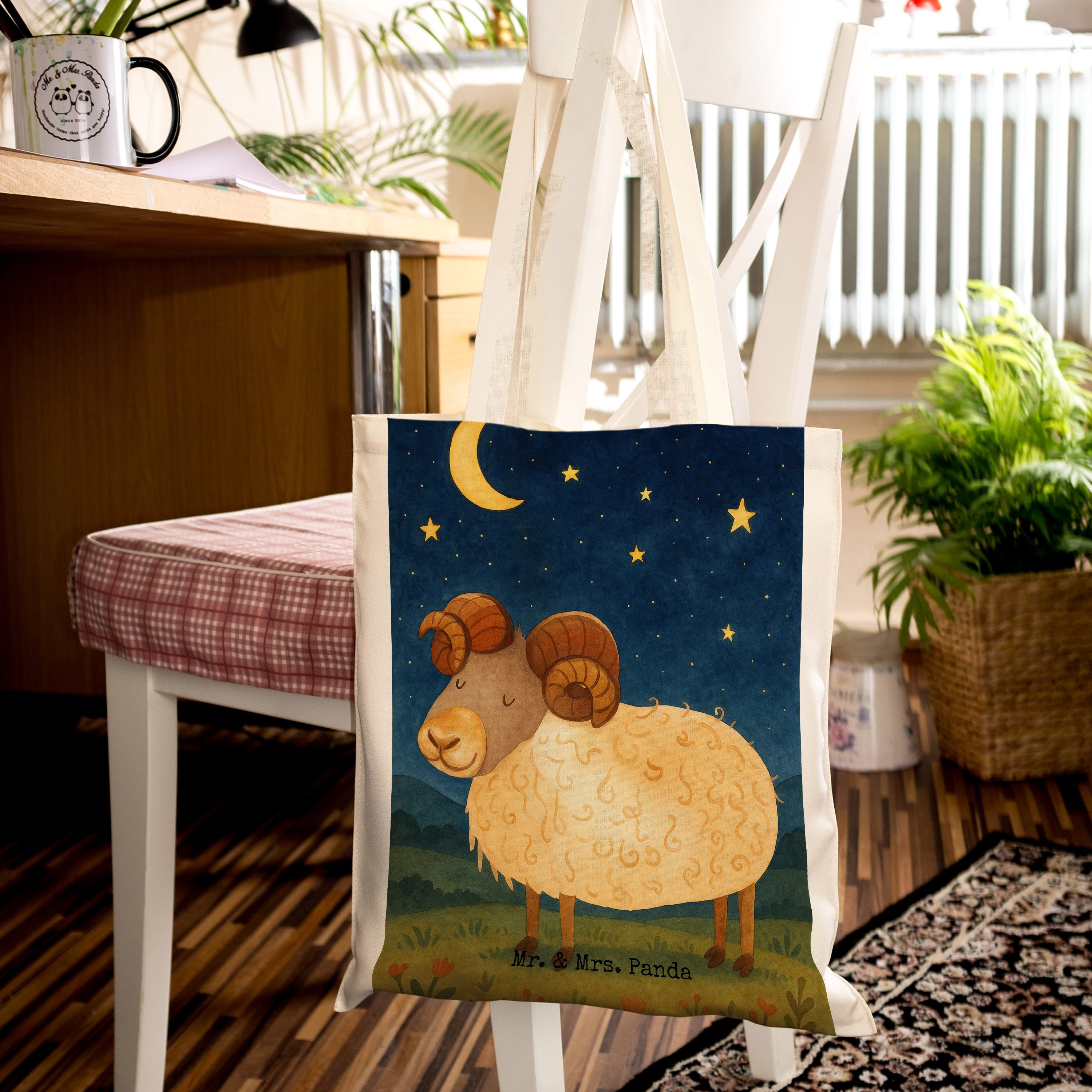 Mr. & Mrs. Panda Tragetasche Sternzeichen Widder Design, Uni Tasche, Weiß, Beutel, Tasche, Geburts (Packung), umhängetasche baumwolle festivaltasche Sternzeichen