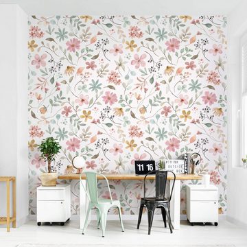 Bilderdepot24 Mustertapete Blumen Muster Aquarell Floral Illustration pastell moderne Wanddeko, Glatt, Matt, (Inklusive Gratis-Kleister oder selbstklebend), Wohnzimmer Schlafzimmer Küche Flur Motivtapete Vliestapete Wandtapete