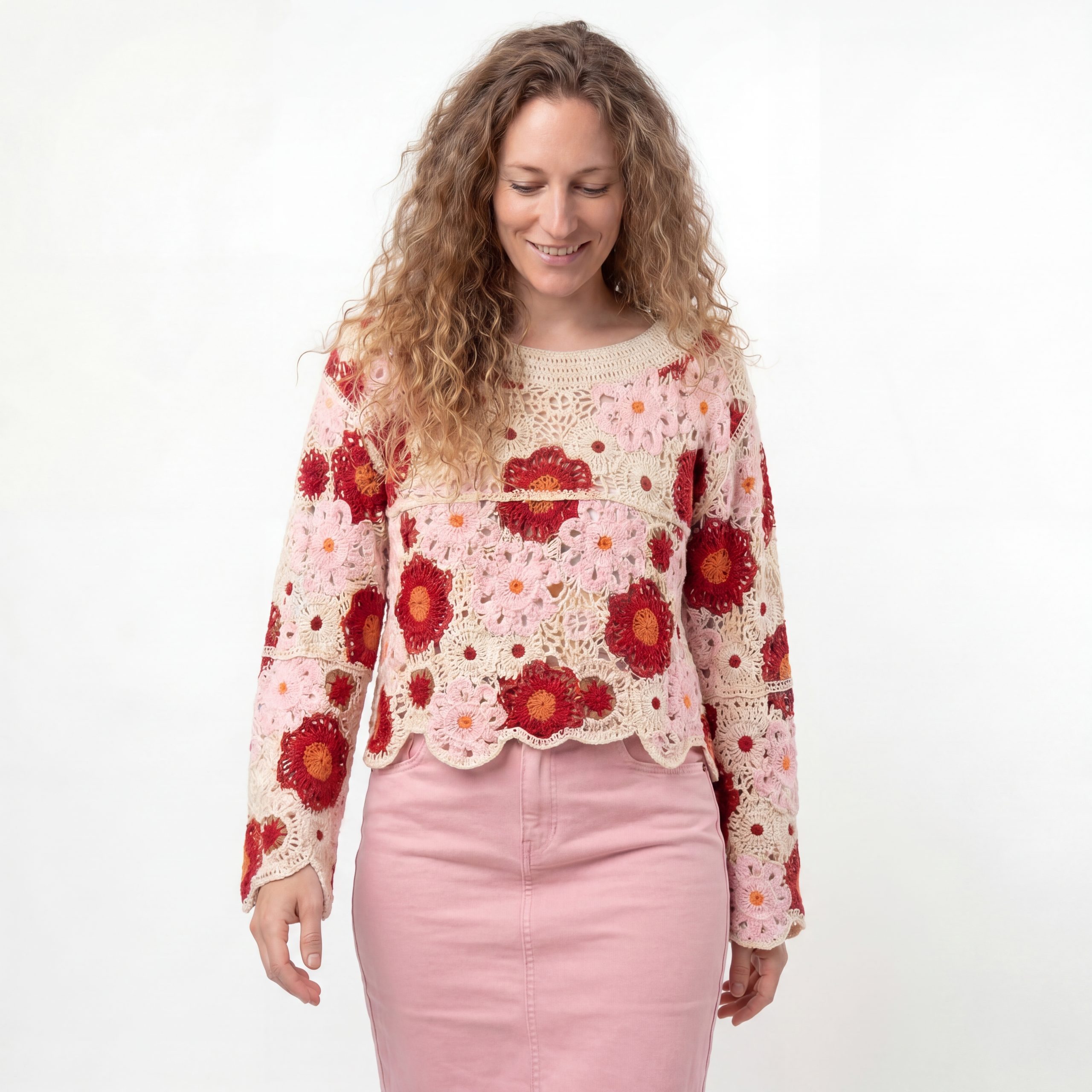 Strickpullover Strandshirt Damen Häkel Oberteil Cropped Sommershirt Langarm