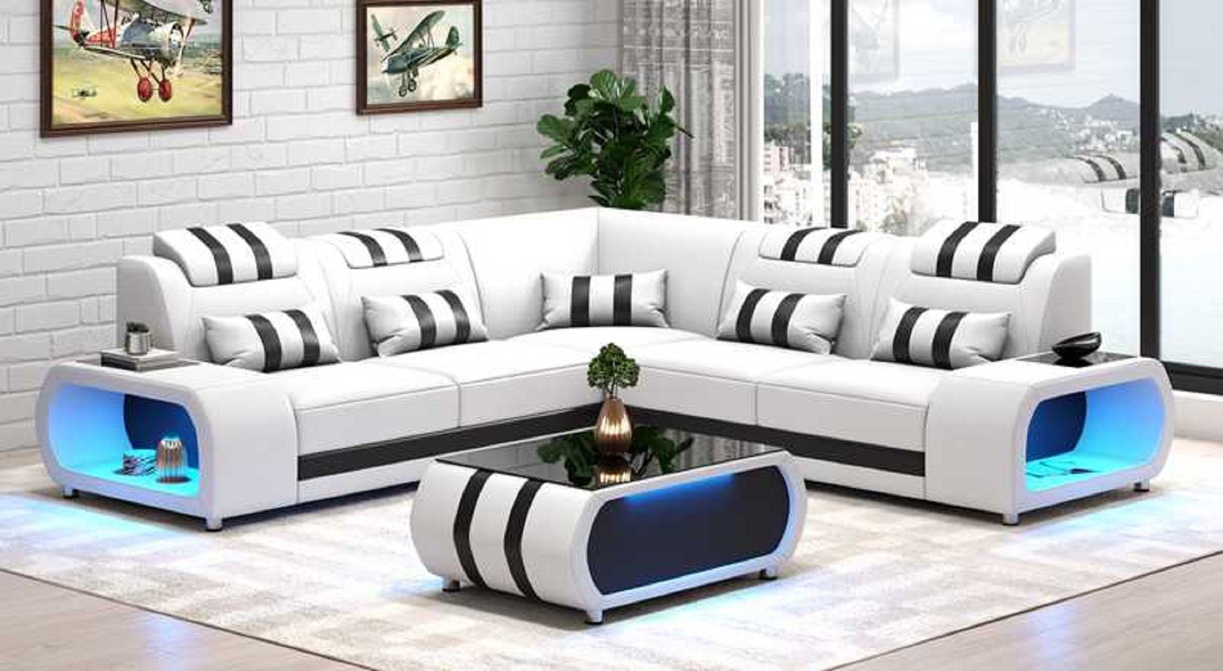 Sofa LED, Moderne Made Ecksofa 3 Ecksofa in L Couch Form Eckgarnitur Luxus JVmoebel Weiß Teile, Europe