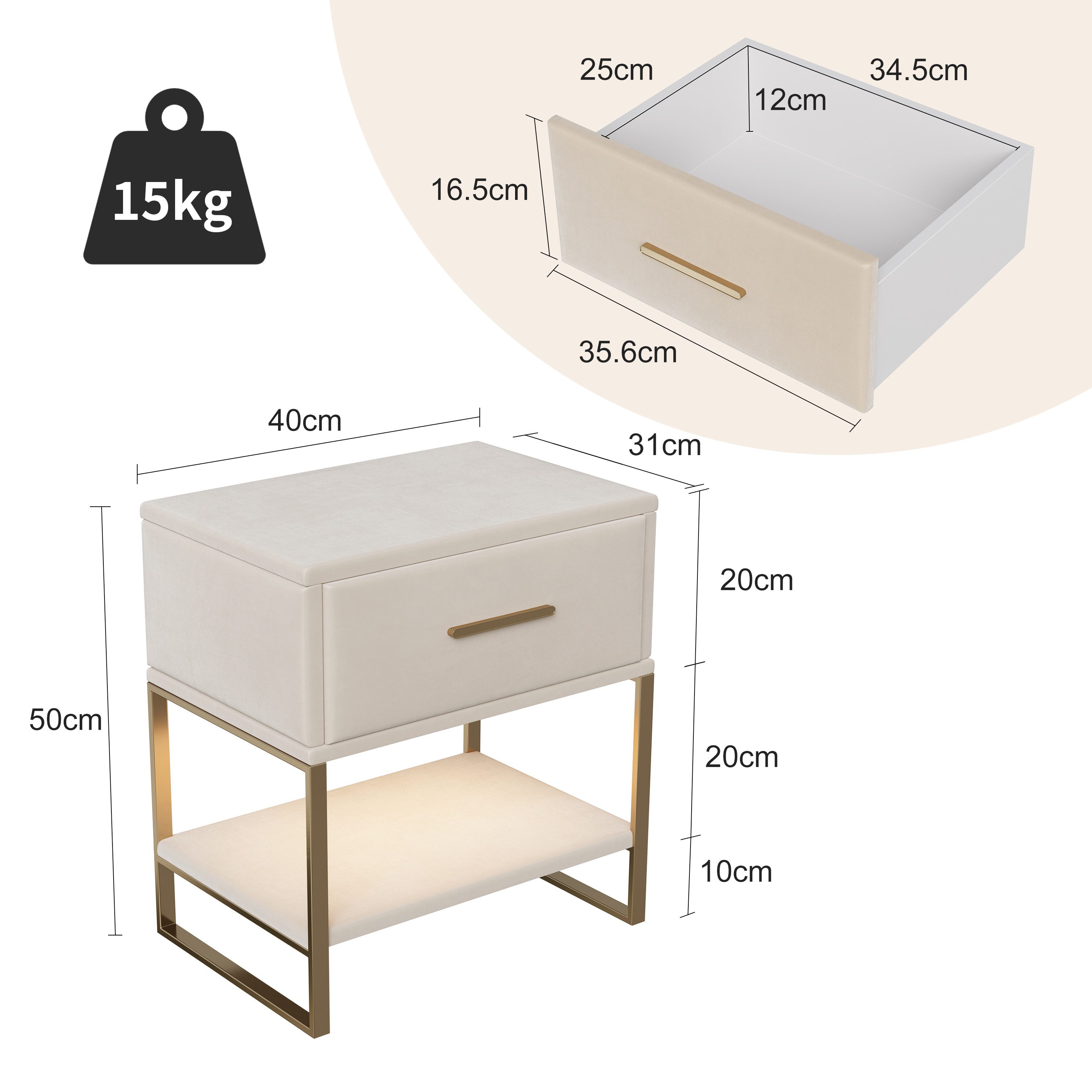 FUROKOY Nachttisch 2er set Nachtschrank mit Schubladen, Beistelltisch mit Metallbeine (Sofatisch Beistelltisch mit 1 Schubladen, Beige Samt), Schubladenschrank  – Bild 5 von 5