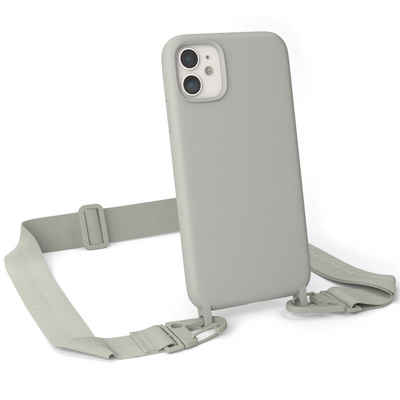 EAZY CASE Handykette Karabiner Breitband für Apple iPhone 11 6,1 Zoll, Ketten Hülle Transparent Case Kettenhülle abnehmbare Kordel Grau Taupe