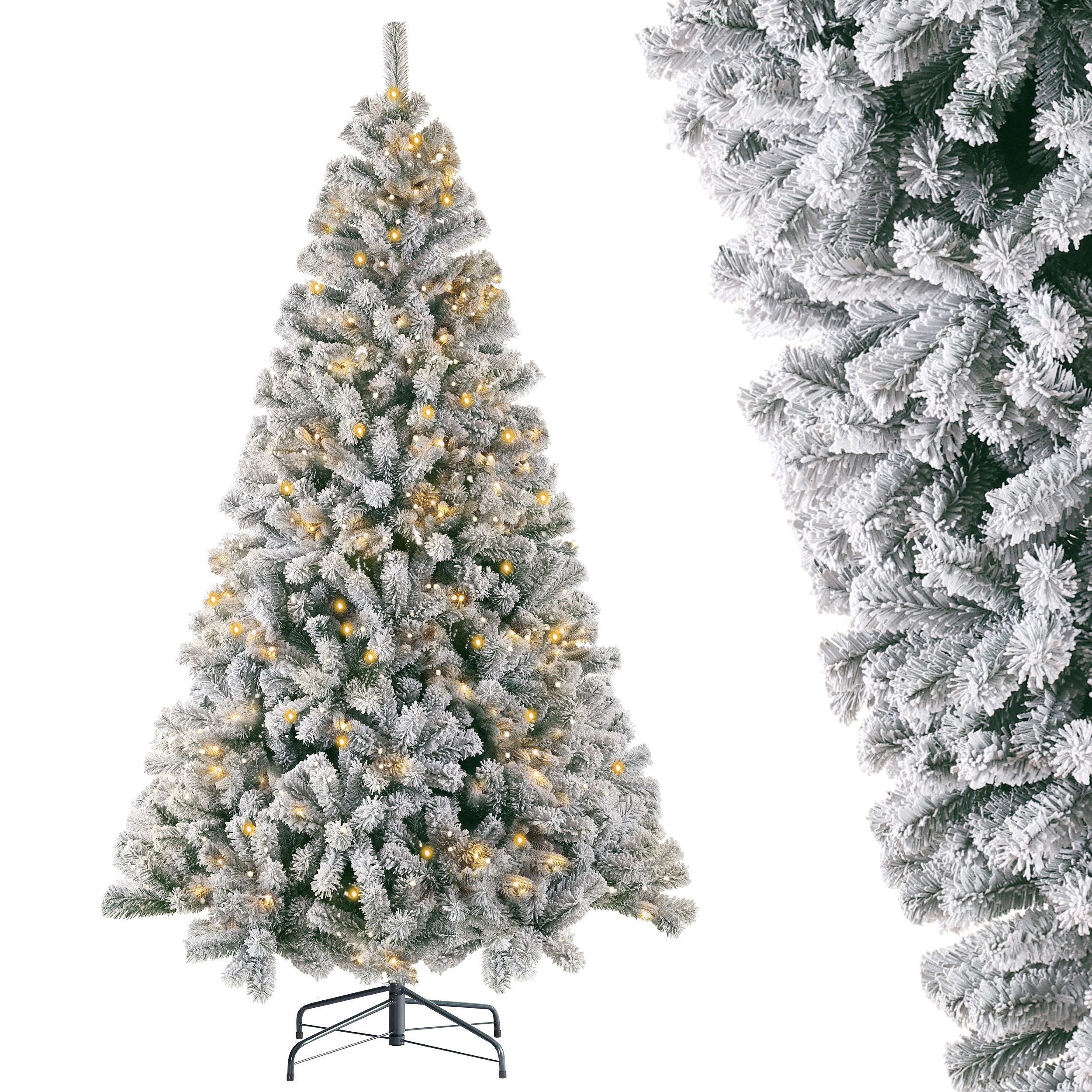 Sinaopus Künstlicher Weihnachtsbaum 180/210 cm Schneetanne, PVC, Lichterkette, 8 Modi, Metallständer, Beflockte PVC-Schneetanne, dichte Zweige, flexible Lichtgestaltung, Warmgelbe Lichterkette, 8 Modi, formbare Zweige, Metallfuß, 2 Größen