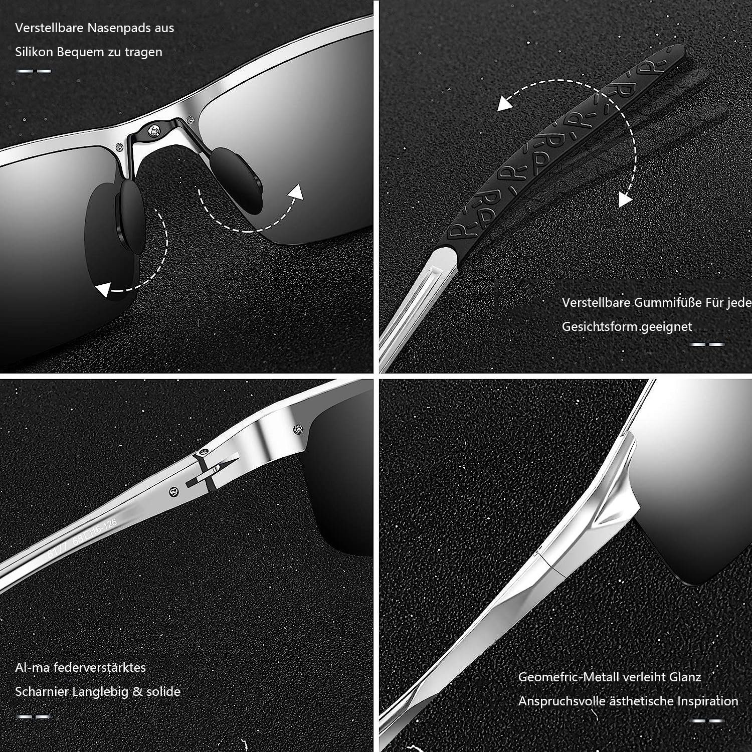 Herren Sonnenbrille Metallrahmen Sportbrille Sonnenbrille Jormftte Polarisiert Silber UV400