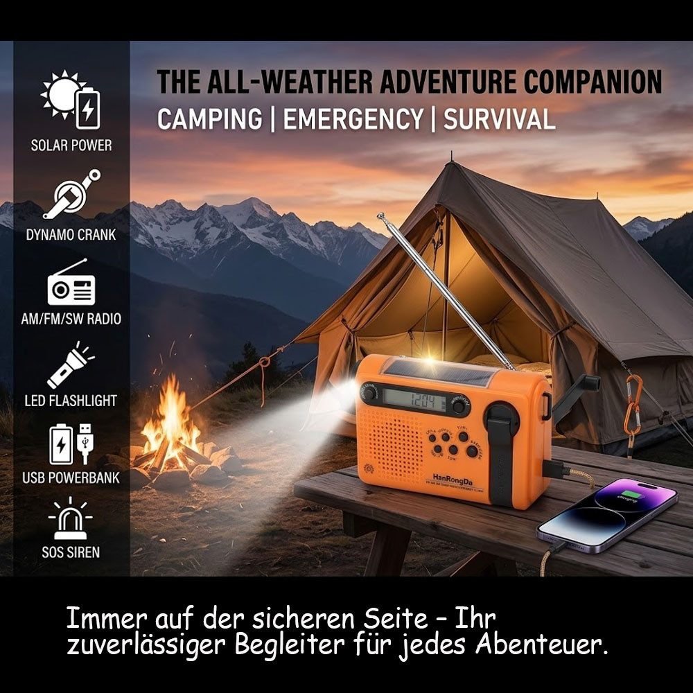 Tekoo Notfallradio Kurbelradio mit Solar, Taschenlampe & SOS-Alarm Notfallradio (UKW (FM), MW (AM), Wetterband, 60 Senderspeicherplätze, Weckfunktion, Sleep-Timer, 2 W, 3 Lademethoden, Powerbank-Funktion, Wetterwarnfunktion, IPX3)