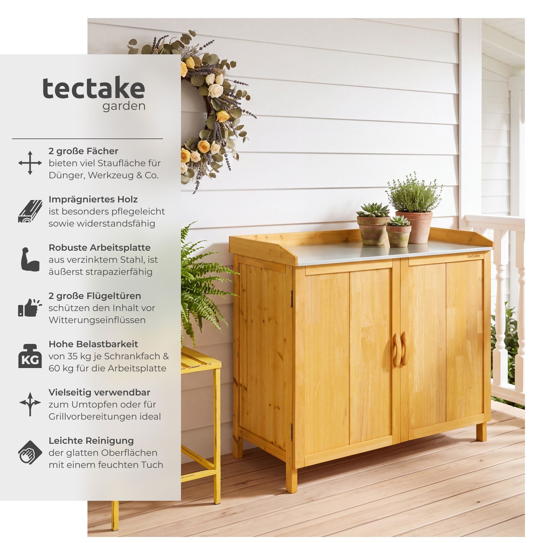 tectake Pflanztisch Gärtnertisch, Maße: 98 x 48 x 95 cm, Schutzleisten an 3 Seiten (Garten-Arbeitstisch Vita, 1-St., in braun), Pflanztisch mit Arbeitsplatte für den Außenbereich