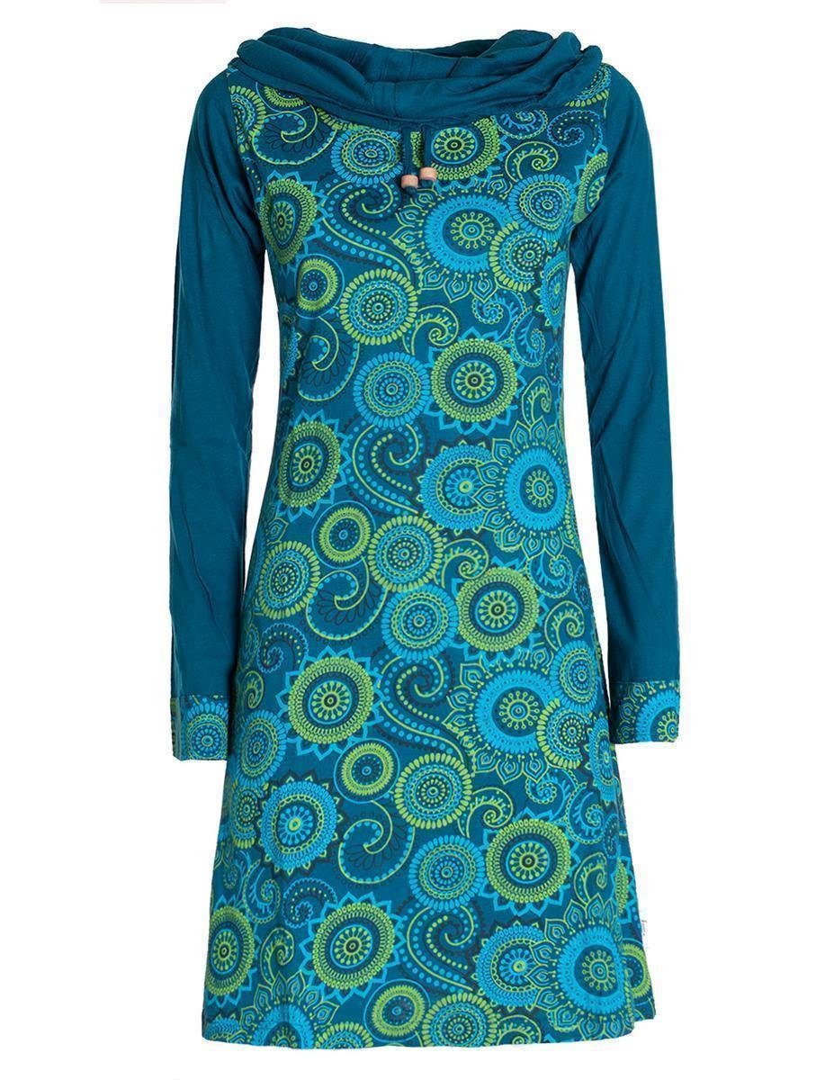 Vishes Jerseykleid Langarm Kleid Schal-Kleid Winterkleider Baumwollkleid Hippie, Goa, Ethno Style türkis