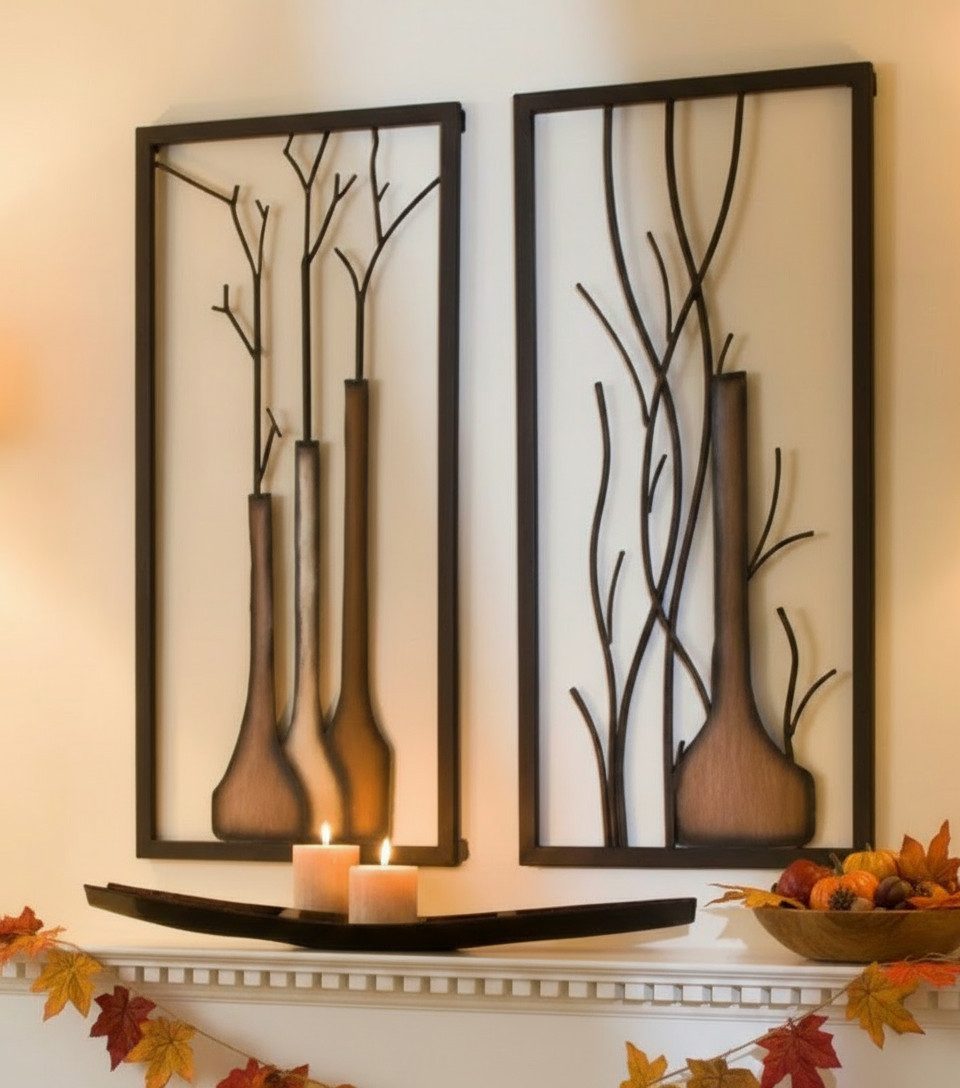 GILDE Wanddekoobjekt 2er-Set Metall-Wandbilder – Vasen & Äste, 40x80 cm (2 St)