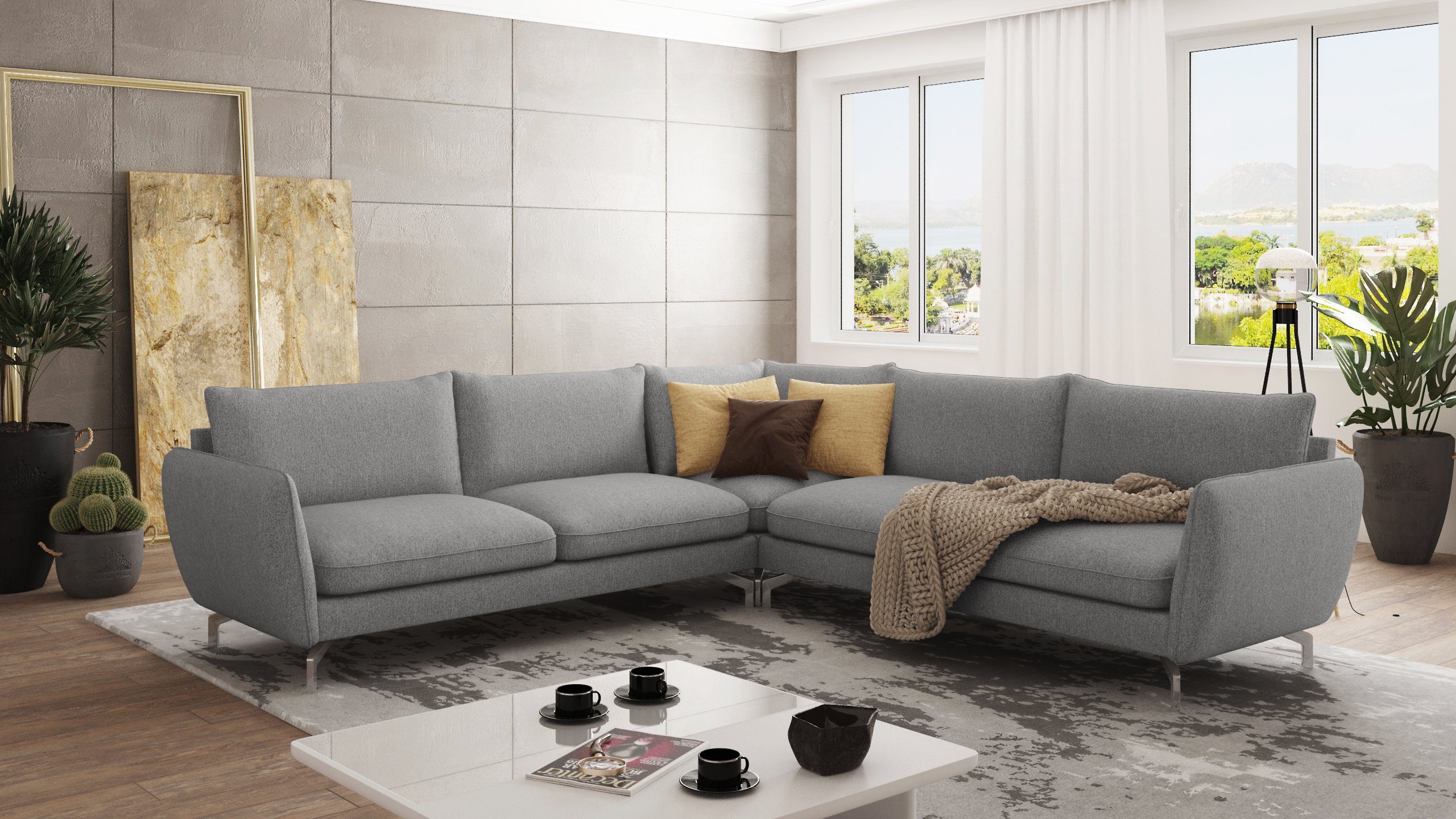 S-Style Möbel Ecksofa Modernes Benita mit Silber Metall Füßen, mane links oder rechts bestellbar, mit Wellenfederung Grau