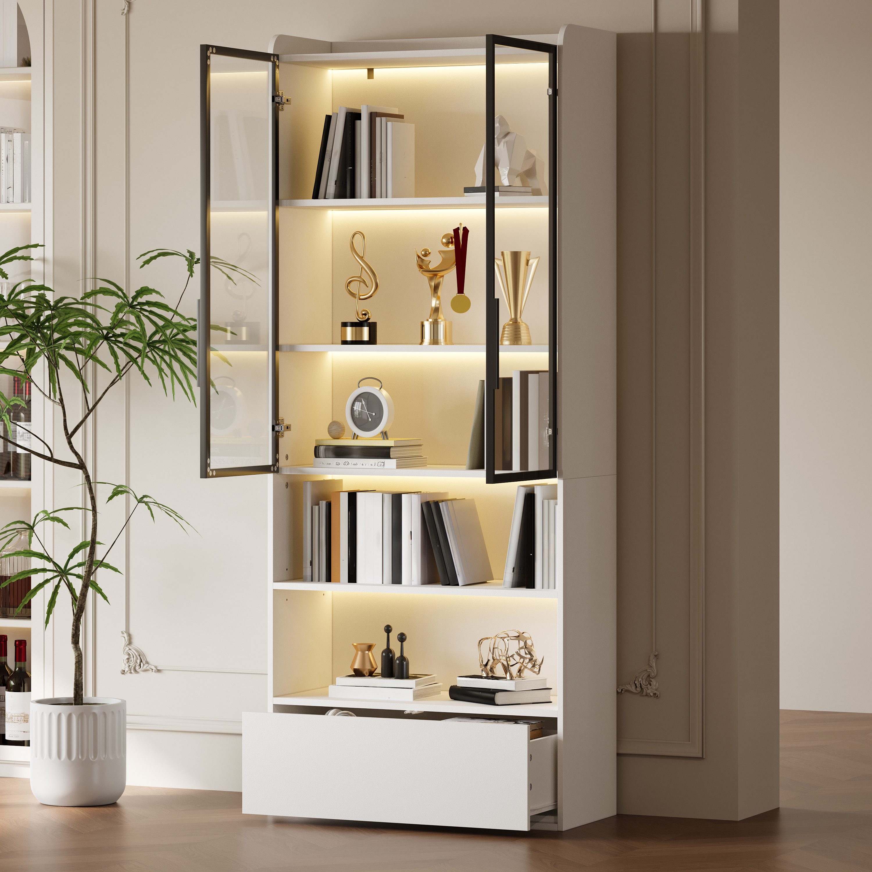 STILVORA Vitrine wohnzimmer Ausstellungsschrank Wohnzimmerschrank mit Glastüren Weiß (Packung, 1-St., Standregal Schrank Vitrine, mit Offene Partition) Wohnzimmerschrank mit Glastüren