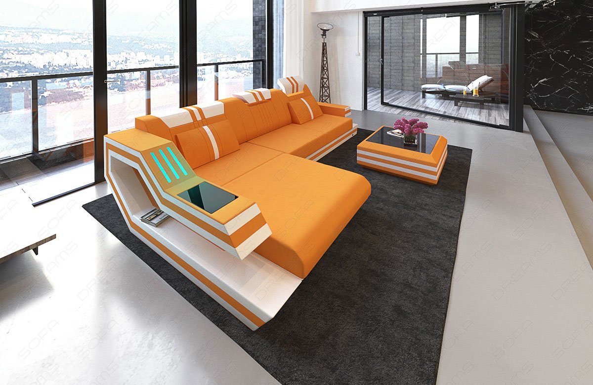 Sofa Dreams Stoffsofa Form mit Couch Ecksofa Polster Bettfunktion apricot-weiß wahlweise Ecksofa M L Mikrofaser Stoff, Ravenna