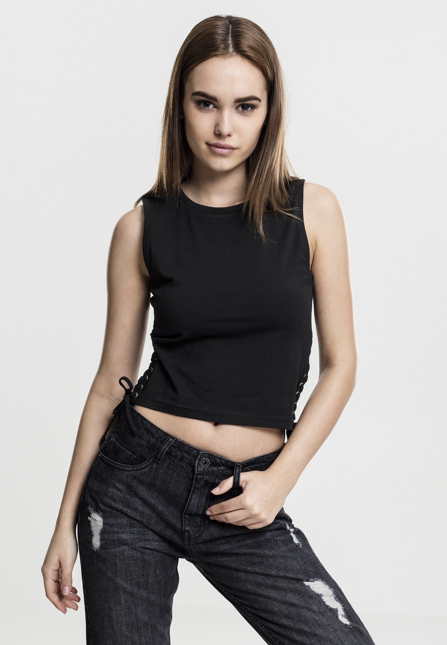 black Cropped CLASSICS URBAN Top Ladies (1-tlg) Lace Damen T-Shirt Up