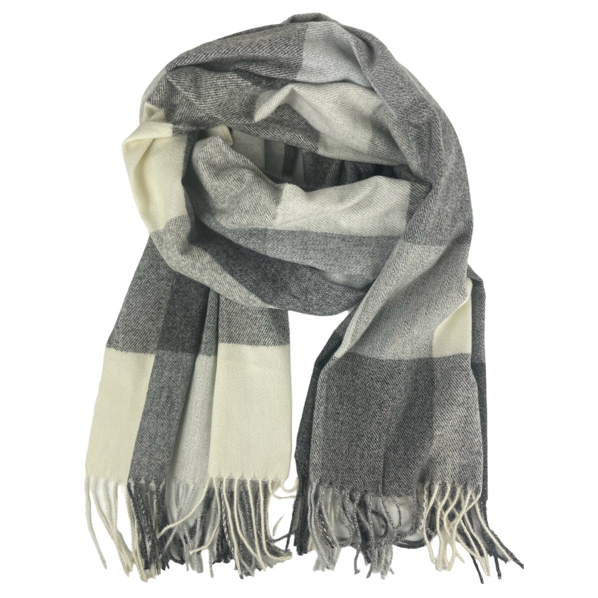 Taschen4life Schal großer Damen Schal mit Fransen, modernes Karomuster, tolle Farbkombination, Herbst/Winter Accessoires grau weiß