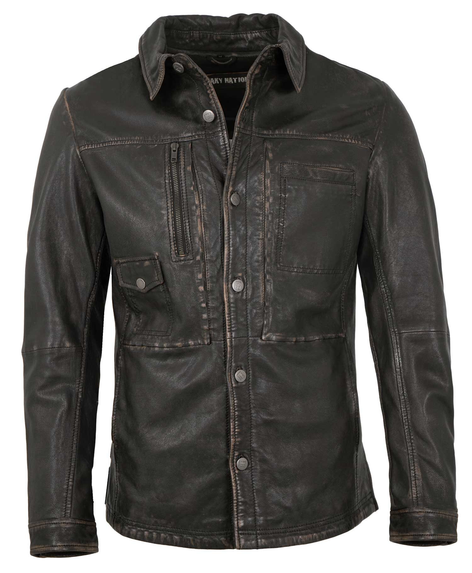 Freaky Nation Lederjacke Blacked Style-FN Freaky Nation - Herren Lederjacke Lederhemd Lammnappa schwarz-beige