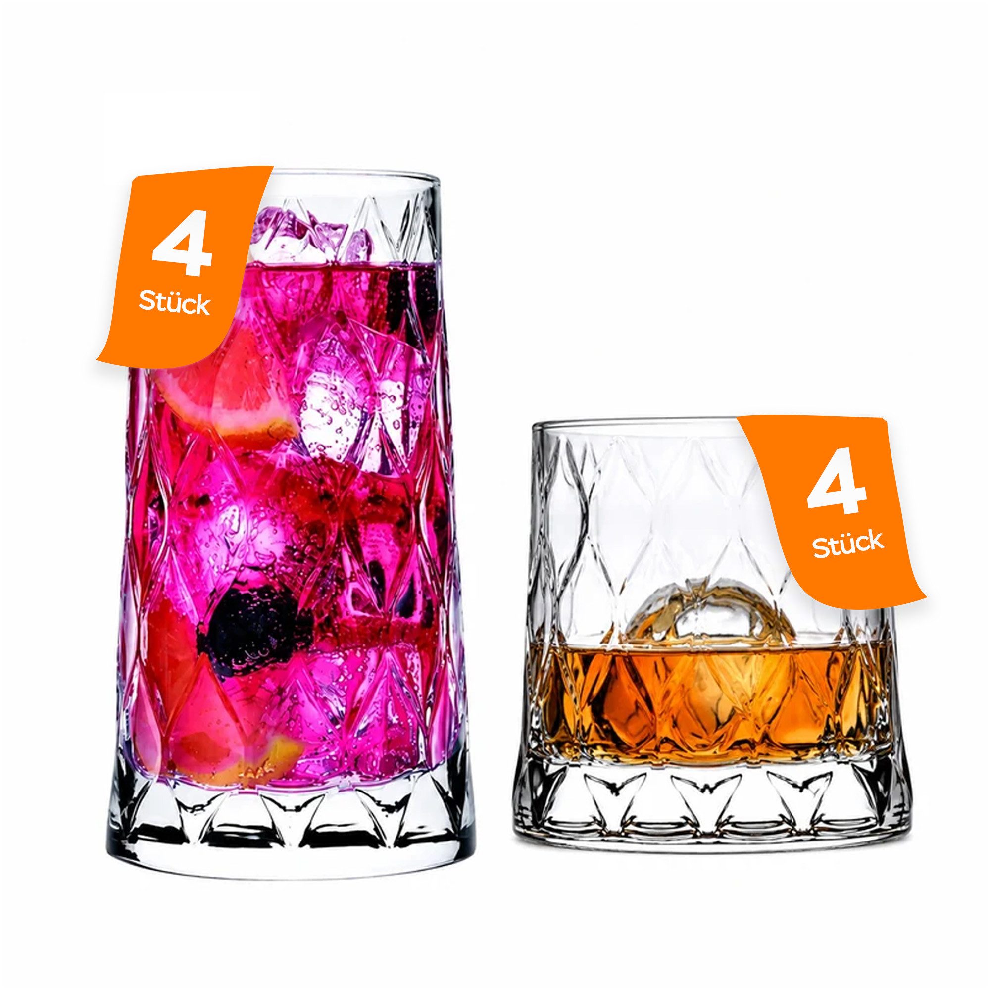 Pasabahce Gläser-Set Leafy Gläser Set – 4x Longdrinkgläser + 4x Whiskyglas, 4-tlg., Glas, 8-tlg. Set, zwei unterschiedliche Größen in einem Set