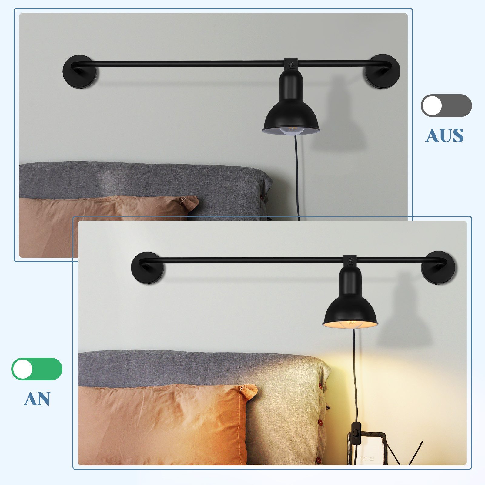 ZMH Wandleuchte Innen schwarz - Retro E27 Wandlampe mit Schalter für Wohnzimmer, Glühbirne flexibel verwenden, ohne Leuchtmittel, 350° drehbar Schlafzimmer Flur