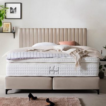 BettCo Boxspringbett Paris (in Beige Samt, 140 x 200 cm), Pfeifensteppung Design + optionaler Topper, Schwarze Metallfüße