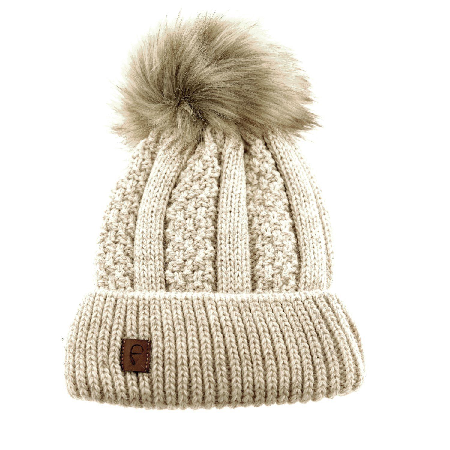 Faera Bommelmütze Wintermütze gefüttert Kunstfell Bommel-Mütze Strickmuster One Size