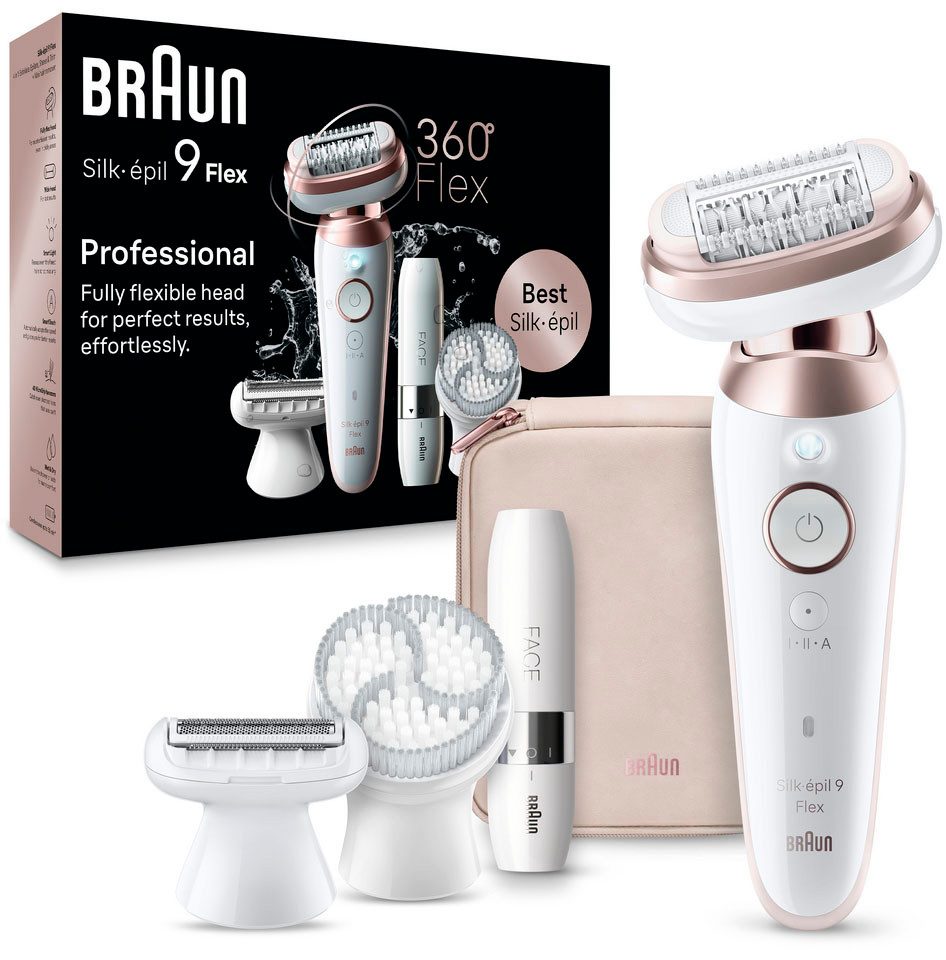 Braun Эпиляторы Silk-épil Flex 9 9-360, mit Rasier-, Trimmer- & Peelingaufsatz, Mini-Rasierer für das Gesicht