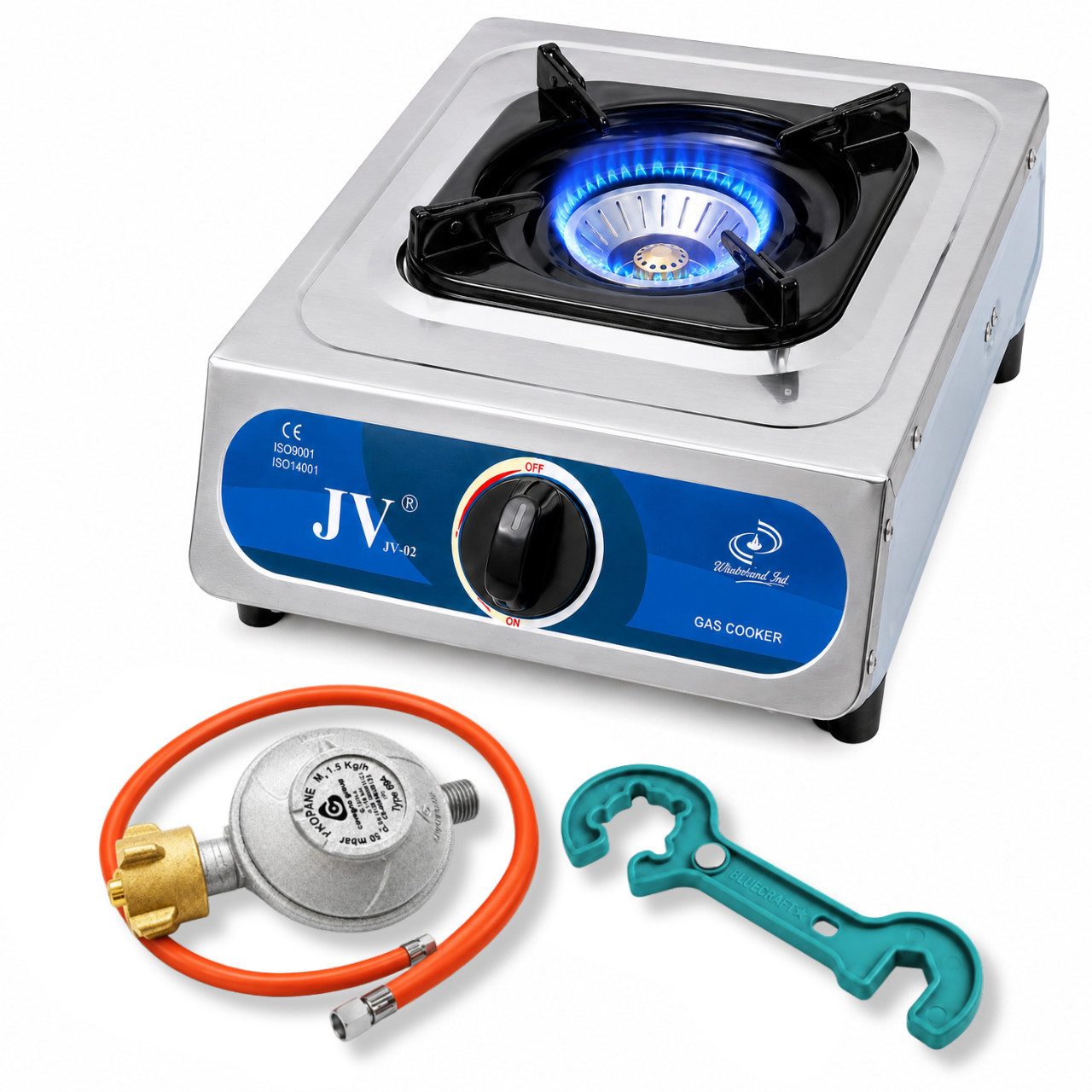 BlueCraft Gaskocher Edelstahl Campingkocher 1-flammig 5 kW mit Zündsicherung & Gasregler, (Set, Gasschlauch, Gasdruckregler & Gasflaschenschlüssel), Mit praktischer Piezozündung