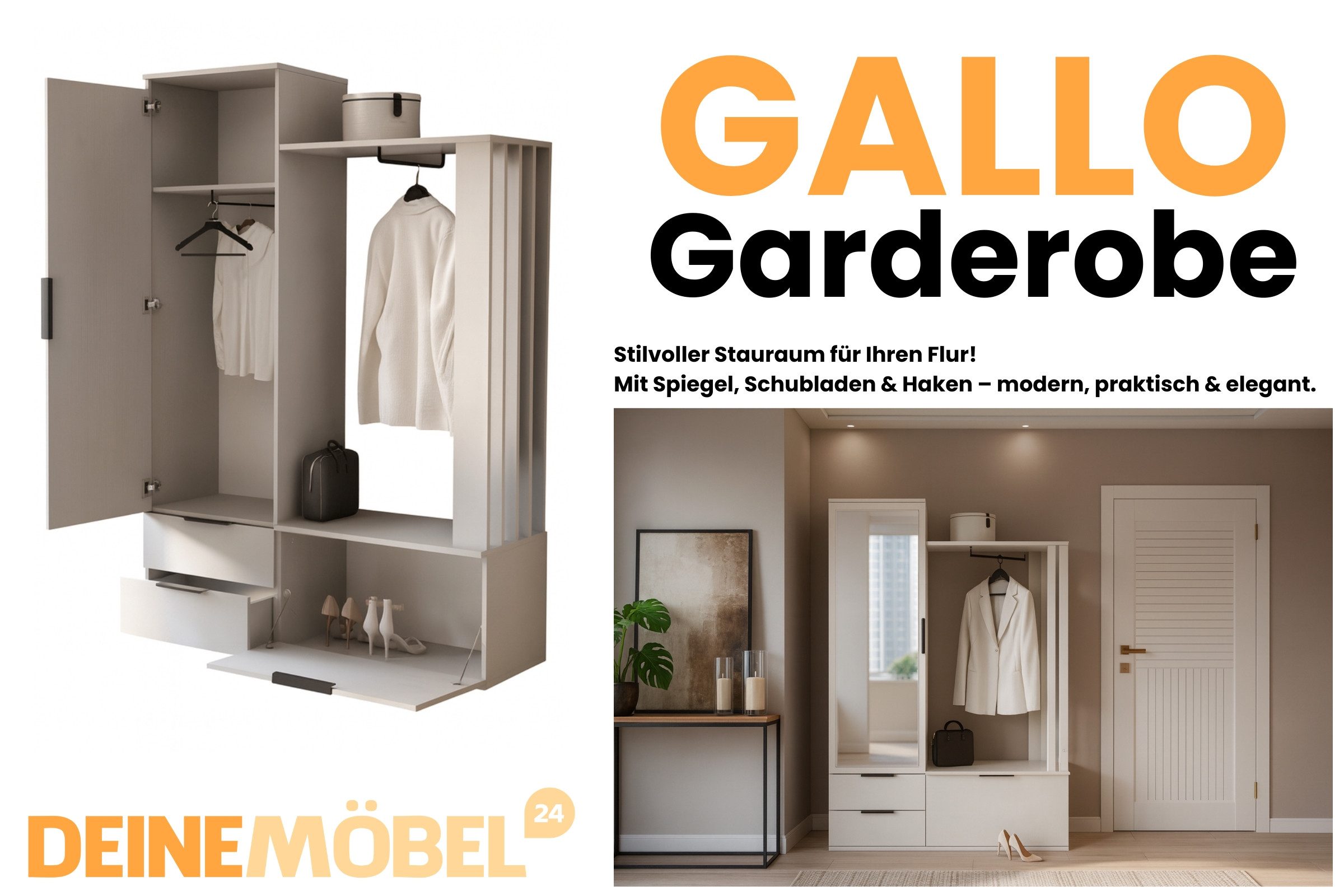 Deine Möbel 24 Garderobe GALLO mit Spiegel und Schubladen, Flurgarderobe in Sandbeige (Set, 1 St., Robuste Verarbeitung mit ABS-Kanten, langlebig & pflegeleicht), Garderoben-Set, modern, viel Stauraum
