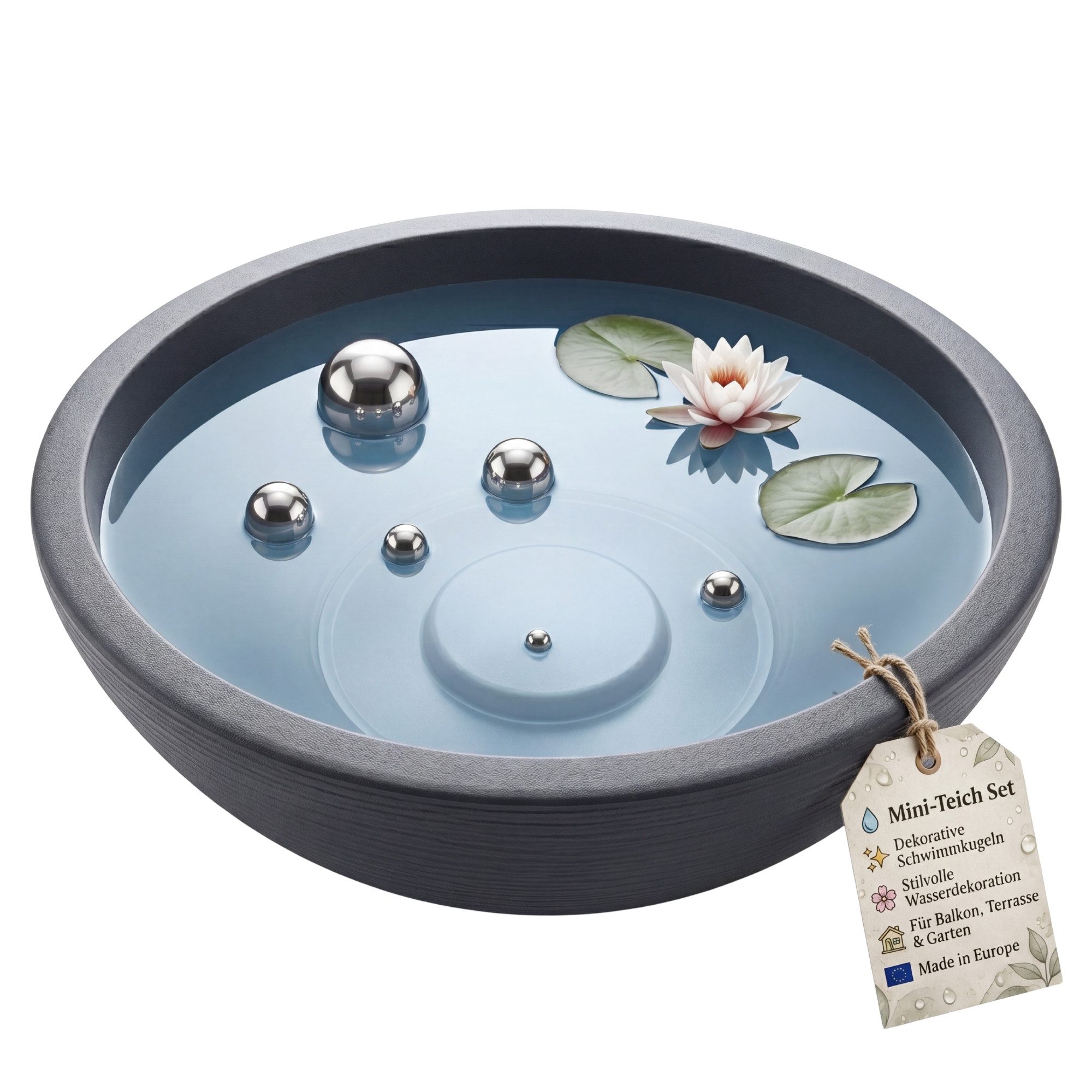 BigDean Fertigteich Brunnen Miniteich Komplettset mit Schale & Teichkugeln, (Set, 7-tlg), UV-beständig, Wetter- und frostfeste Materialien, Made in Europe