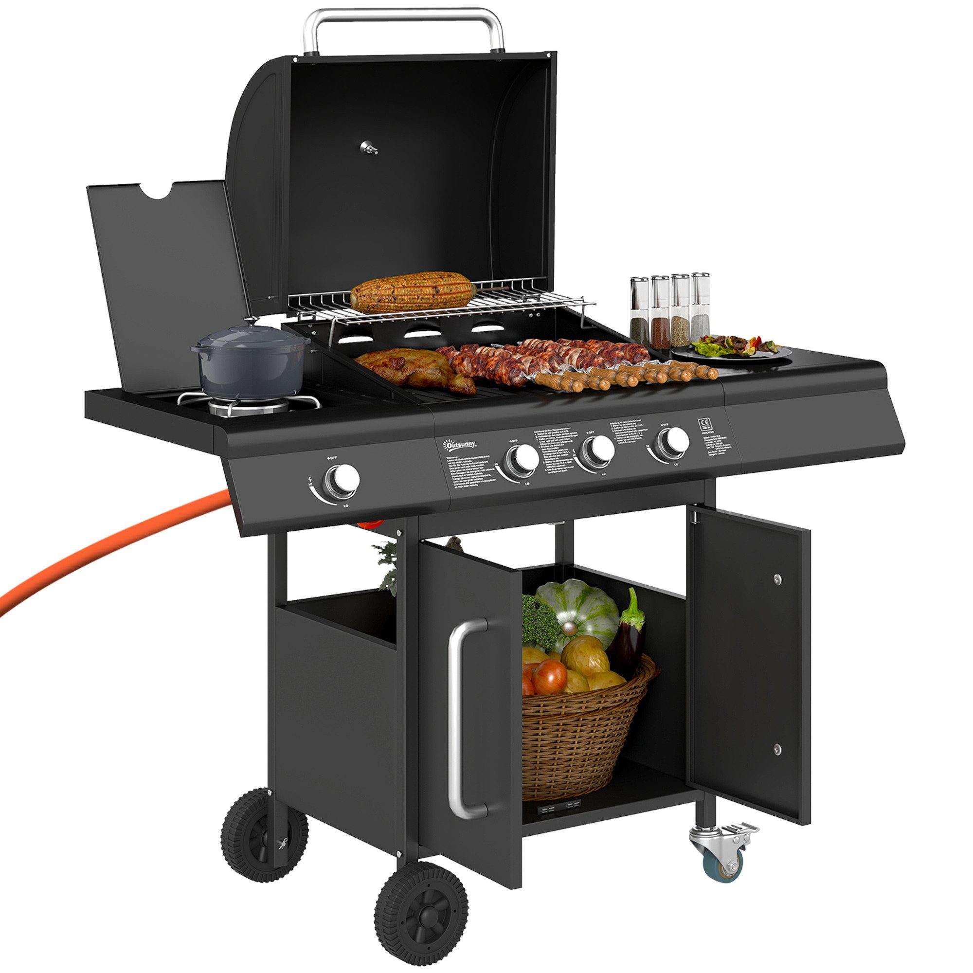 Outsunny Gasgrill inkl Rolle, Seitenbrenner, Thermometer, Grillrost, 12,2 KW Gas-Grill, Grillwagen aus Edelstahl, für Balkon Camping 118,5 x 56 x 110 cm