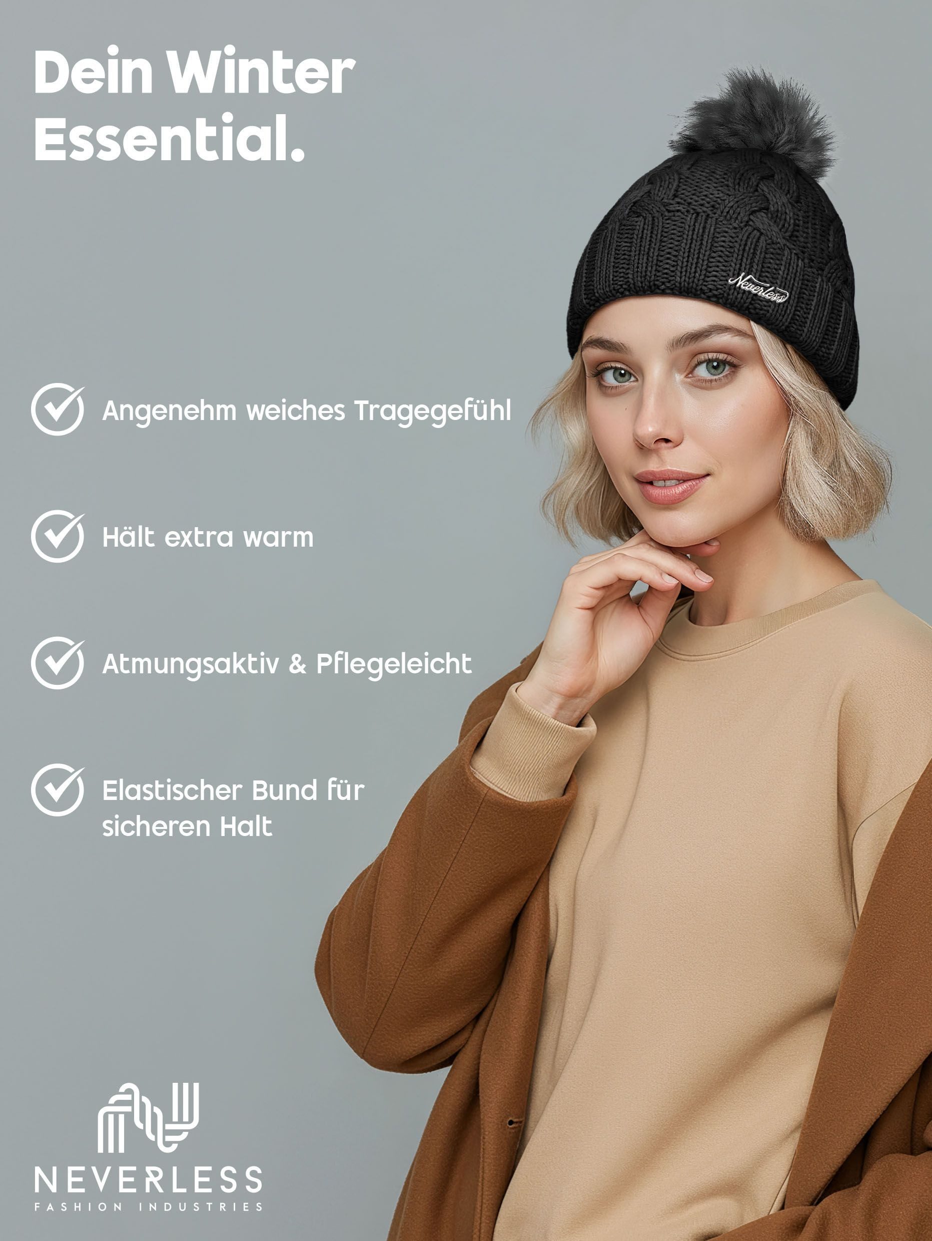 Neverless Strickmütze Damen Strickmütze Zopfmuster Fleccefutter Bommelmütze Pudelmütze